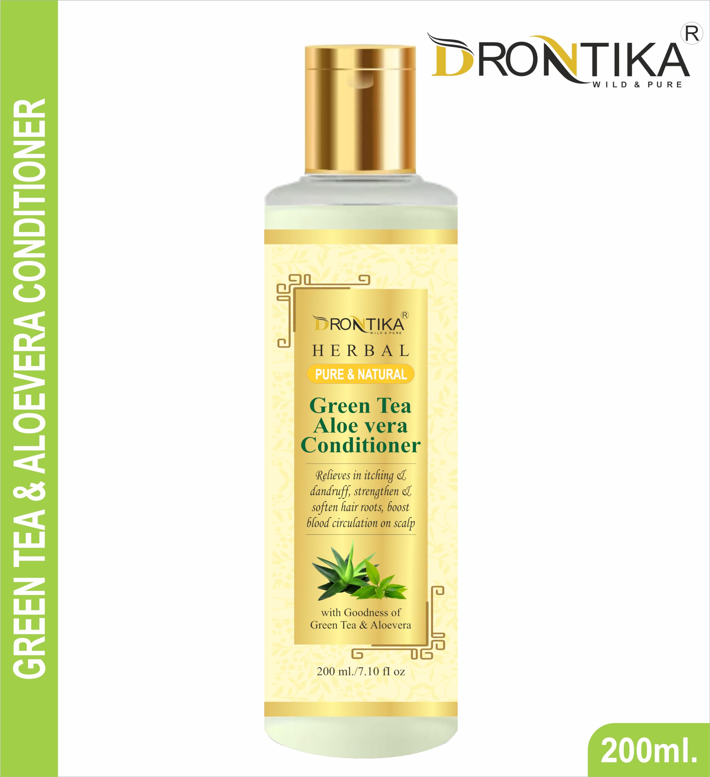 Drontika Herbal Green Tea & Aloe Vera Anti-Dandruff Conditioner - Sulfate Free, Paraben Free, Silicone Free - 200ml for Dry, Itchy Scalp & Flaky Hair - Natural Hair Care Solution for Men & Women