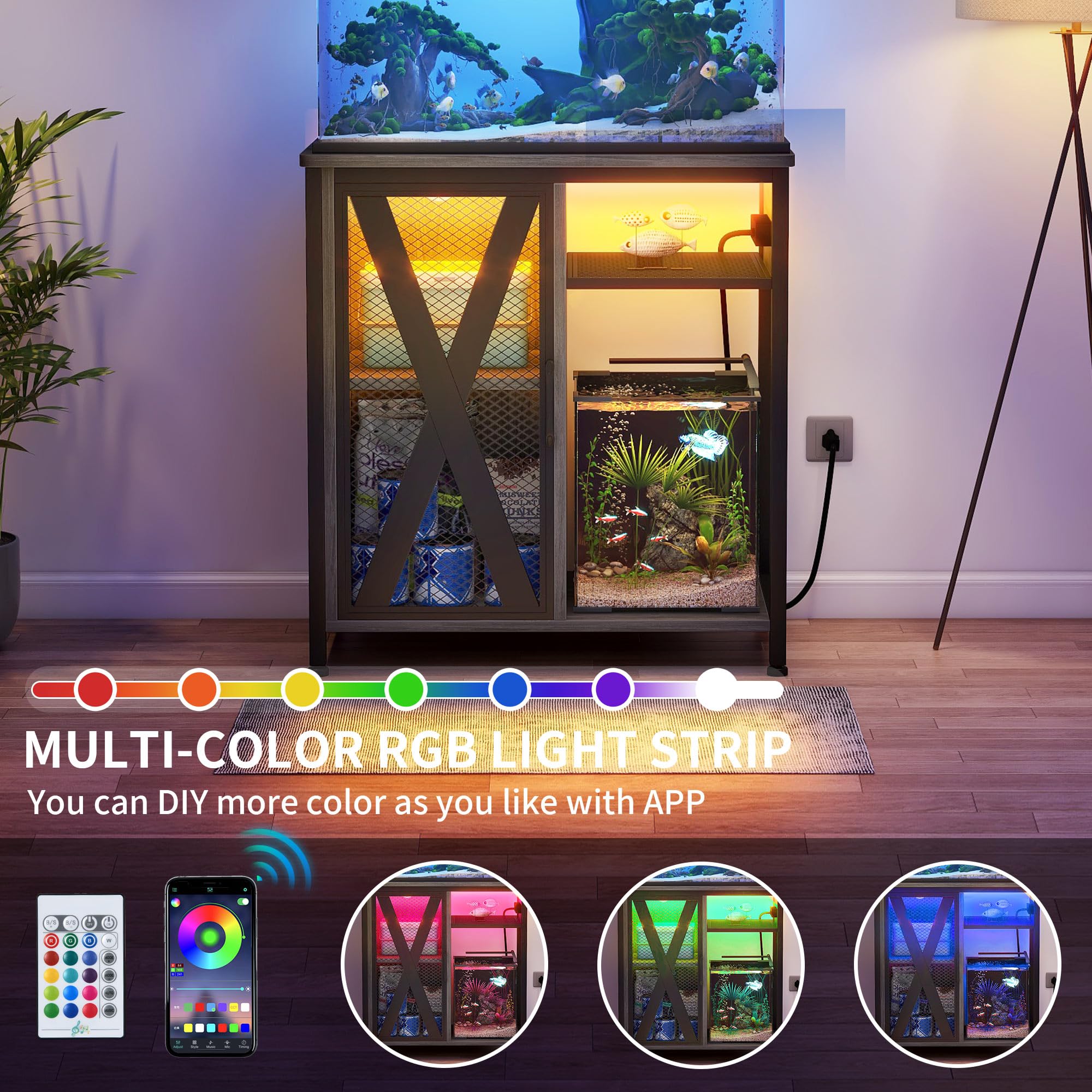DWVO 20-29 Gallon Aquarium Stand with Power Outlets & LED Light - Sturdy Metal Fish Tank Cabinet for Storage, Turtle & Reptile Terrarium - 350LBS Capacity, Grey - Perfect for Home, Office & Pet Store Displays