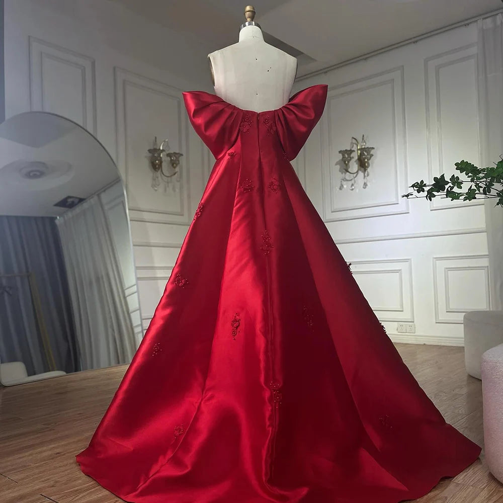 Elegant Off Shoulder Wine Red A-Line Evening Dress with Appliques - Luxury Dubai & Saudi Arabian Style Formal Gown LA72778 for Prom, Wedding & Special Occasions