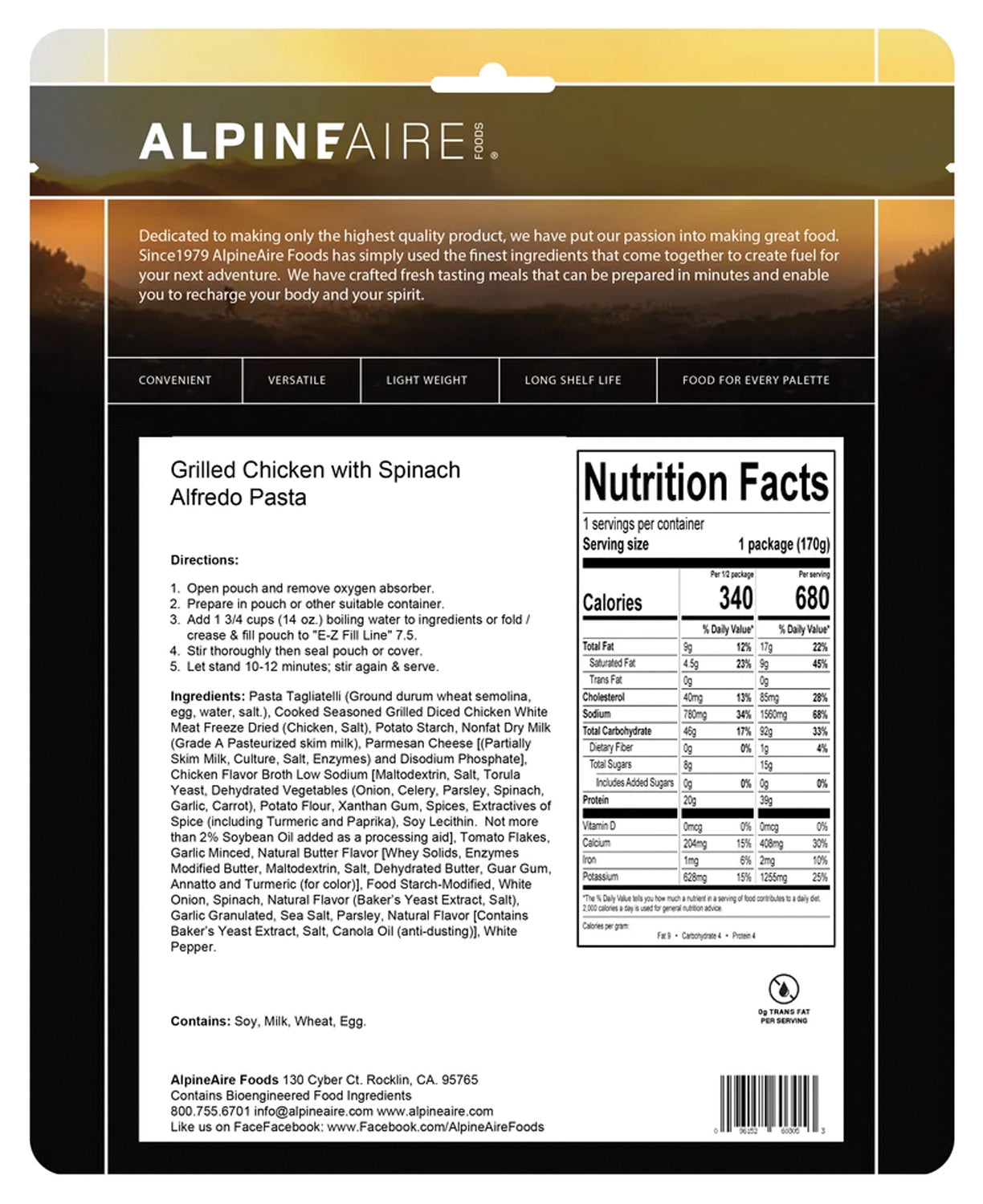Alpine Aire Freeze Dried Grilled Chicken with Spinach Alfredo Pasta - Lightweight Backpacking Meal for Hiking, Camping & Emergency Preparedness
