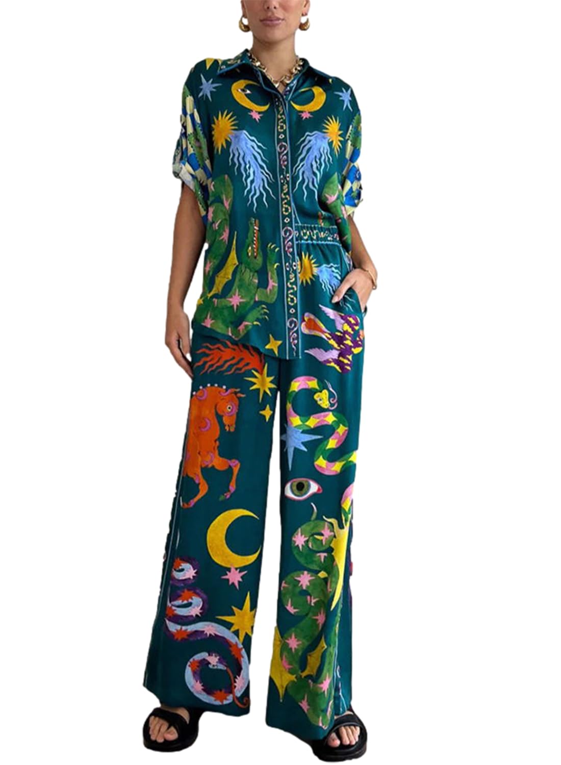 Peaceglad Women's Summer Pajama Set - Floral Print Short Sleeve Button Down Top & Drawstring Long Pants Comfy Sleepwear for Nightwear, Lounge Wear & Vacation Outfits