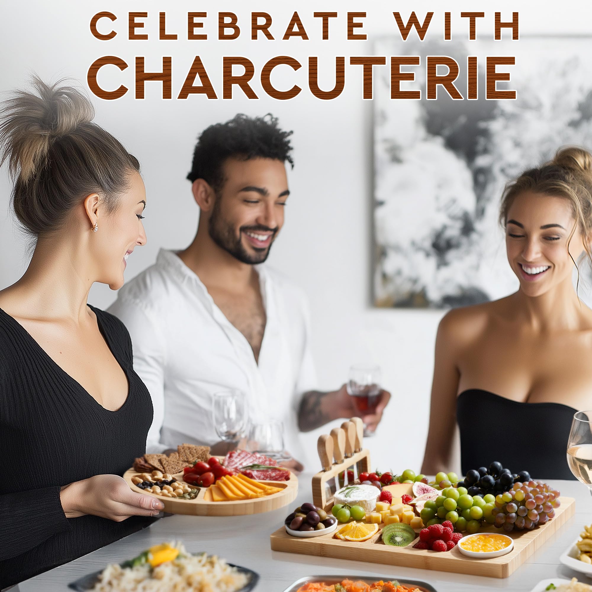 Premium Bamboo Charcuterie Board Set - 15-Piece Large Cheese & Fruit Serving Tray with Magnetic Knife Holder, Forks & Ceramic Dishes - Perfect for Birthday Gifts, Dinner Parties & Entertaining