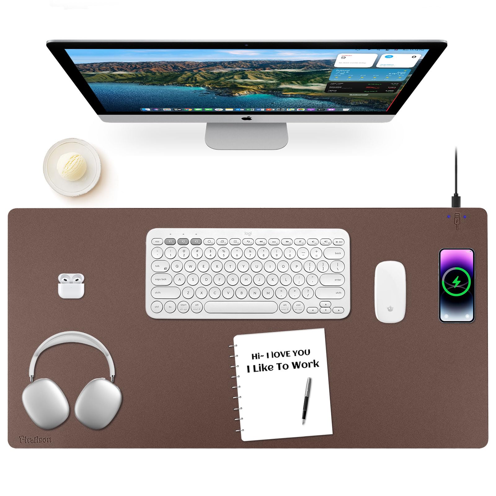 Firelison 2-in-1 Wireless Charging Mouse Pad - Leather Desk Mat with Non-Slip Rubber Base, Waterproof Office Desk Pad for Computer Work (32