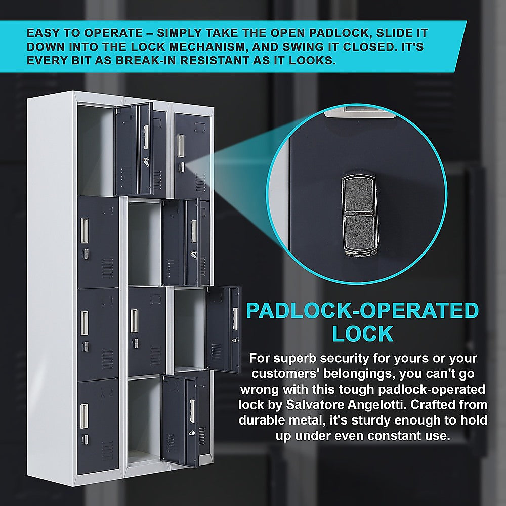 12-Door Locker with Padlock - Heavy Duty Steel Storage Cabinet for Office, Gym, School, Home & Shed - Secure Equipment & Personal Belongings Storage Solution