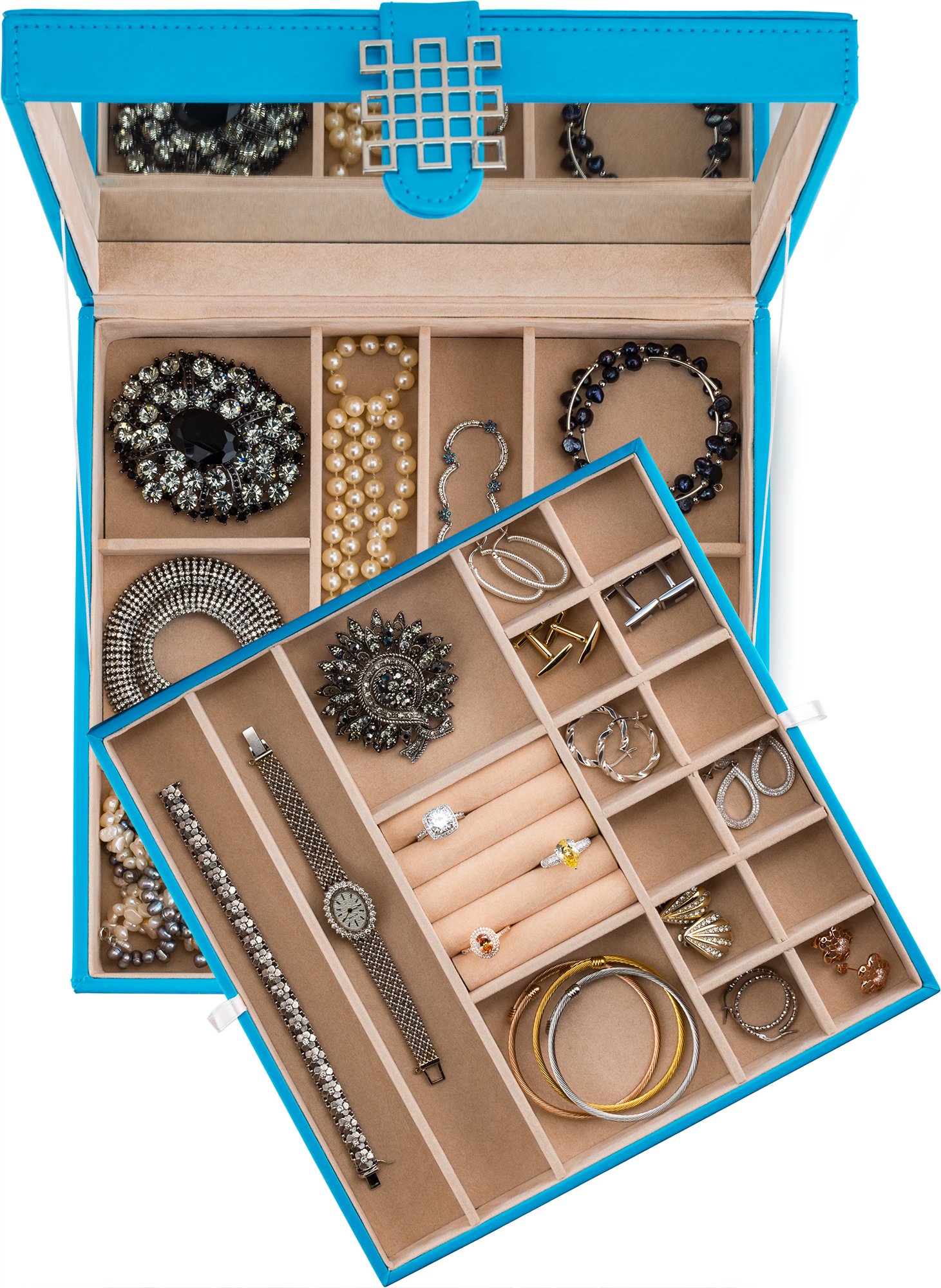 Co Jewelry Box - 28-Section Jewelry Organizer with Modern Buckle Closure, Large Mirror & 2 Trays | PU Leather Jewelry Storage for Women, Teens & Girls | Holds Earrings, Rings, Necklaces, Bracelets & Watches | Perfect for Bedroom Vanity, Travel & Gift (Blue)