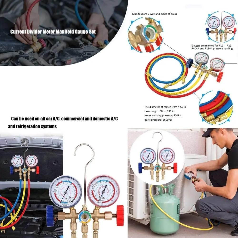 Professional HVAC Manifold Gauge Set for R12 R22 R404A R134A Refrigerants - AC Refrigeration Diagnostic Tool Kit with 1/4