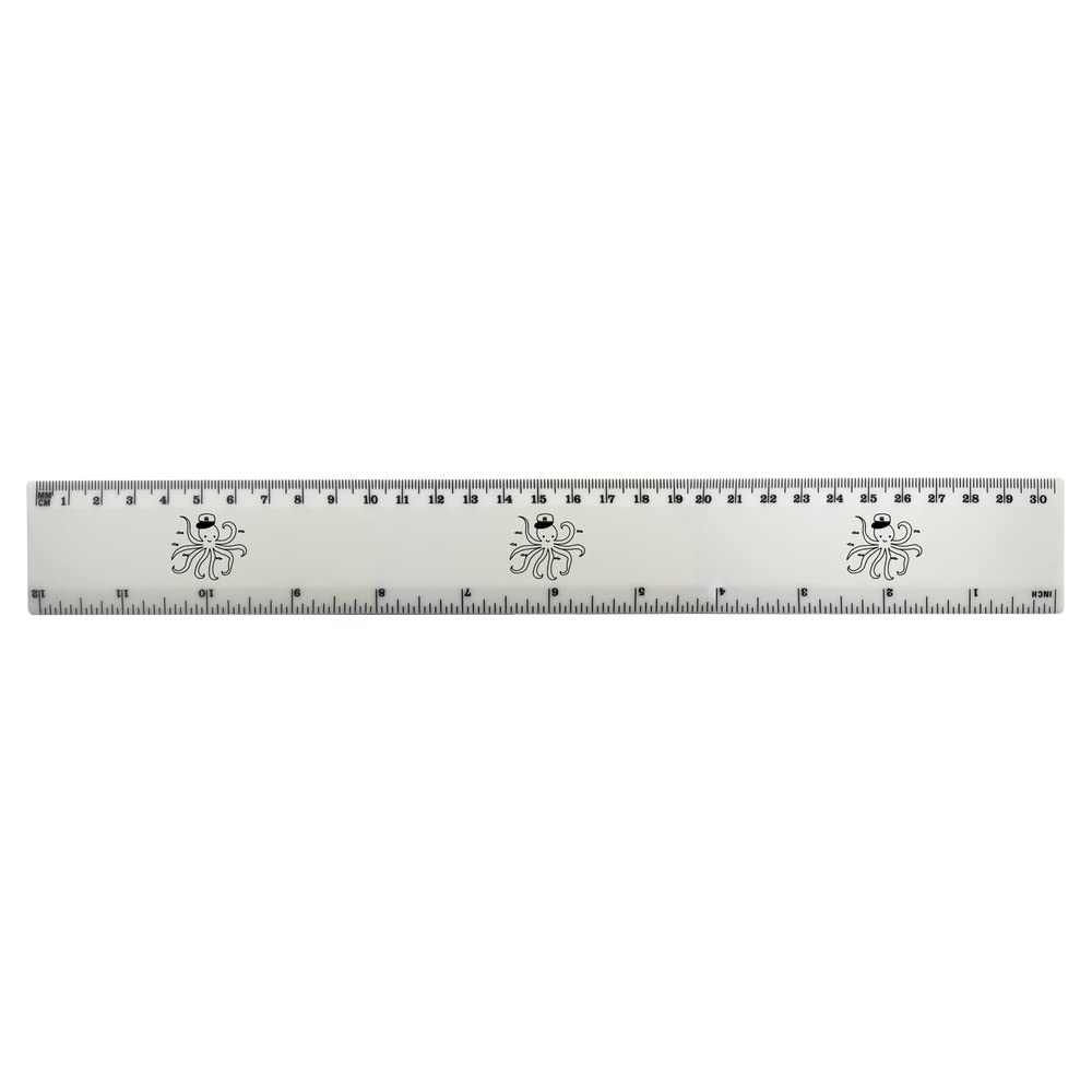 Azeeda 12 Inch White Plastic Ruler with Fun Octopus Wearing Hat Design - Perfect for School, Office, and DIY Craft Projects (RL00065958)