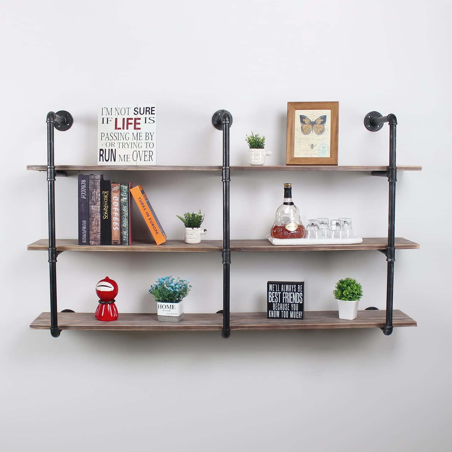 Industrial Pipe Shelving Wall Mounted - 63 Inch Rustic Metal Floating Shelves, Steampunk Style Solid Wood Bookshelves - Heavy Duty Wall Shelf Unit for Farmhouse Kitchen, Bar, Living Room & Office Storage (3 Tier)