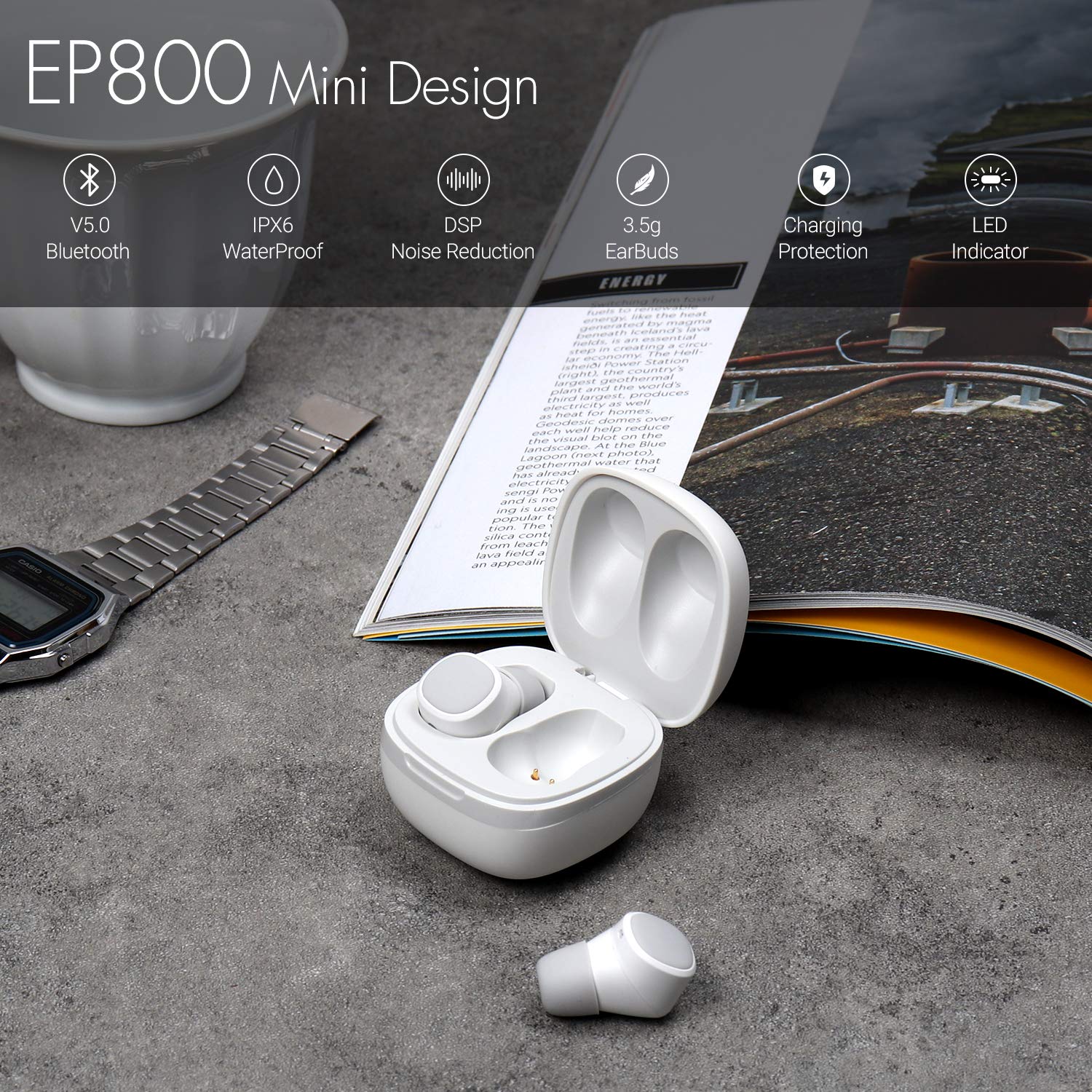 August EP800 Wireless Earbuds with Charging Case - Bluetooth 5.0 Headphones with Deep Bass, IPX5 Waterproof & Noise Cancelling Mic for Running, Gym & Workout (White) | Perfect for Sports, Commuting & Travel