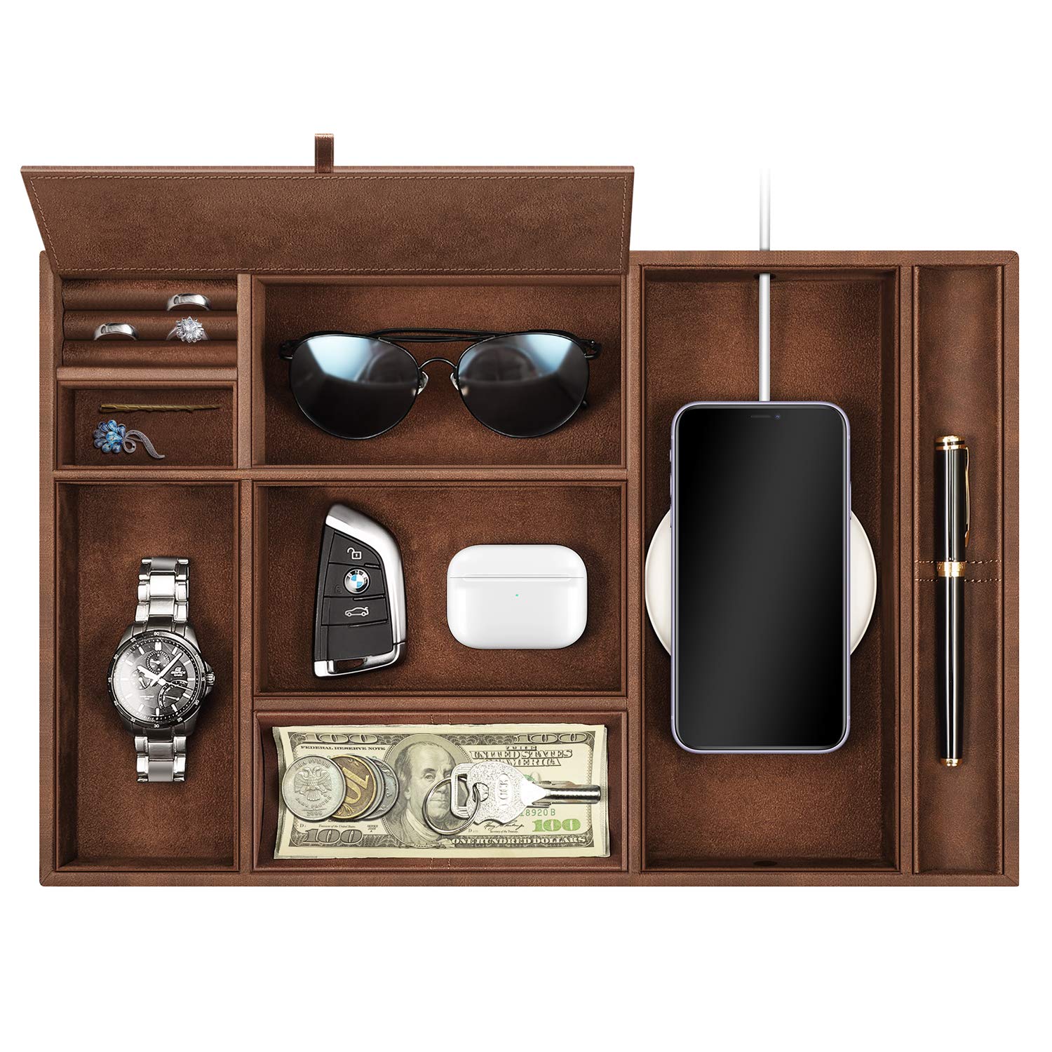 SITHON Valet Tray - 8 Compartment PU Leather Desktop Organizer for Keys, Jewelry, Coins & EDC | Nightstand Catchall Tray for Bedroom, Vanity & Office | Brown Storage Box for Home & Travel Accessories