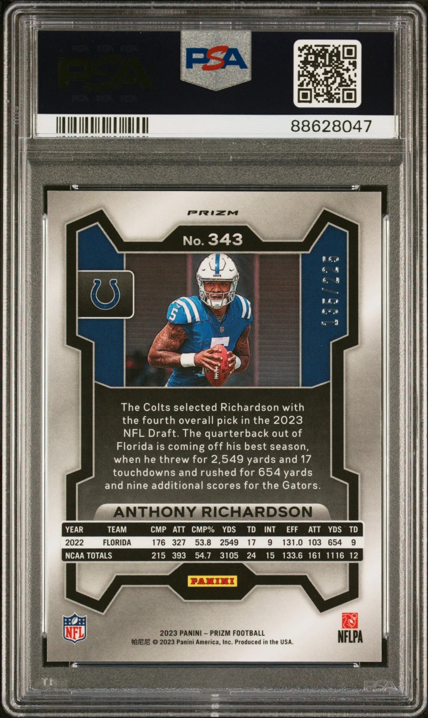 2023 Panini Prizm PSA 10 Anthony Richardson Rookie Card Purple Ice Prizm /225 #343 - Football Collectible for Sports Memorabilia & Trading Card Enthusiasts