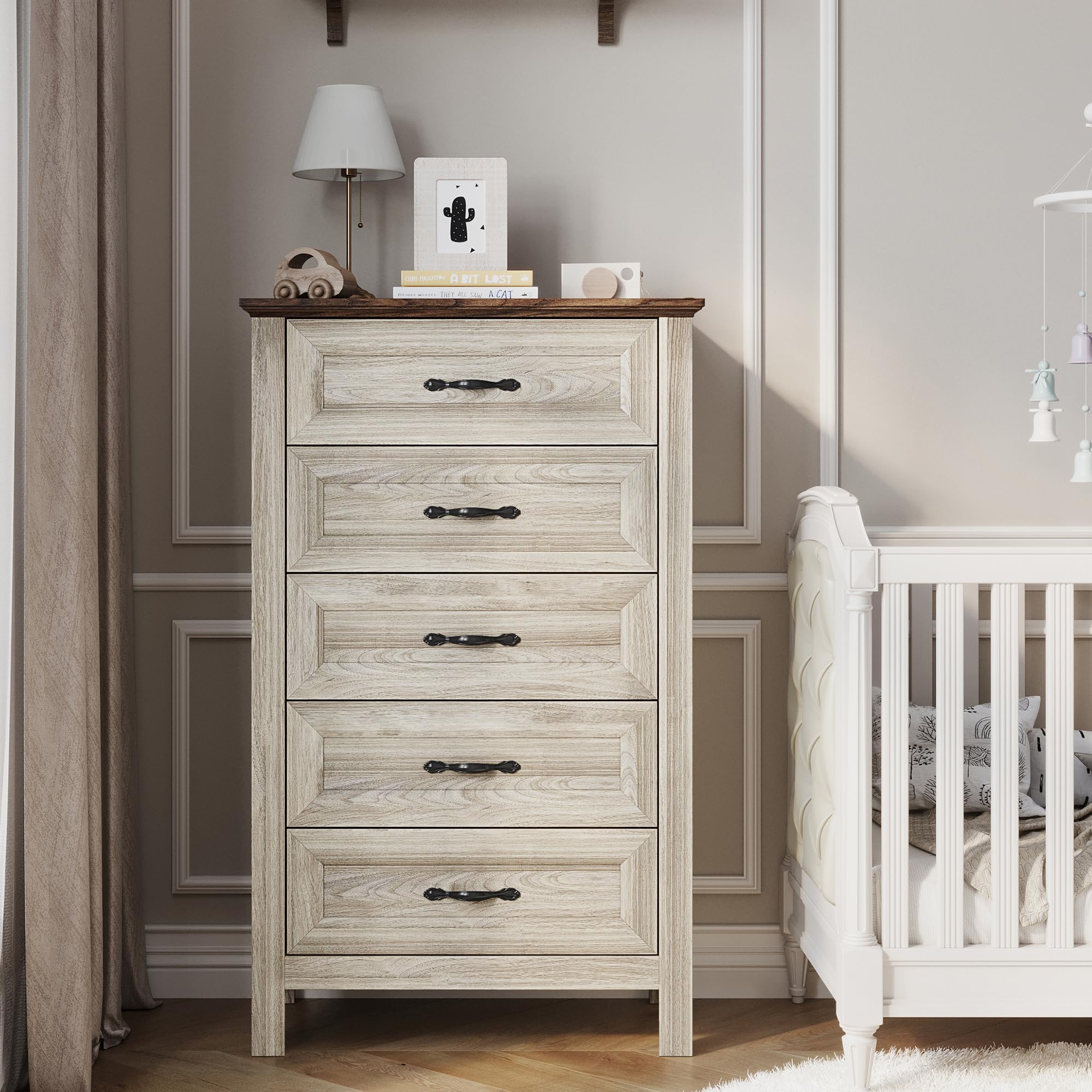 LINSY HOME 5-Drawer Dresser for Bedroom - Solid Wood Chest of Drawers with Farmhouse Style - Tall Storage Organizer for Clothes, Bedding & Accessories - Perfect for Bedroom, Closet, Living Room & Hallway Organization