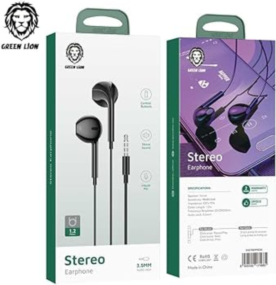 Premium Green Lion Stereo Earphones with Built-in Microphone - 3.5mm Jack for Crystal Clear Audio | Perfect for Gaming, Music, Calls & Work from Home