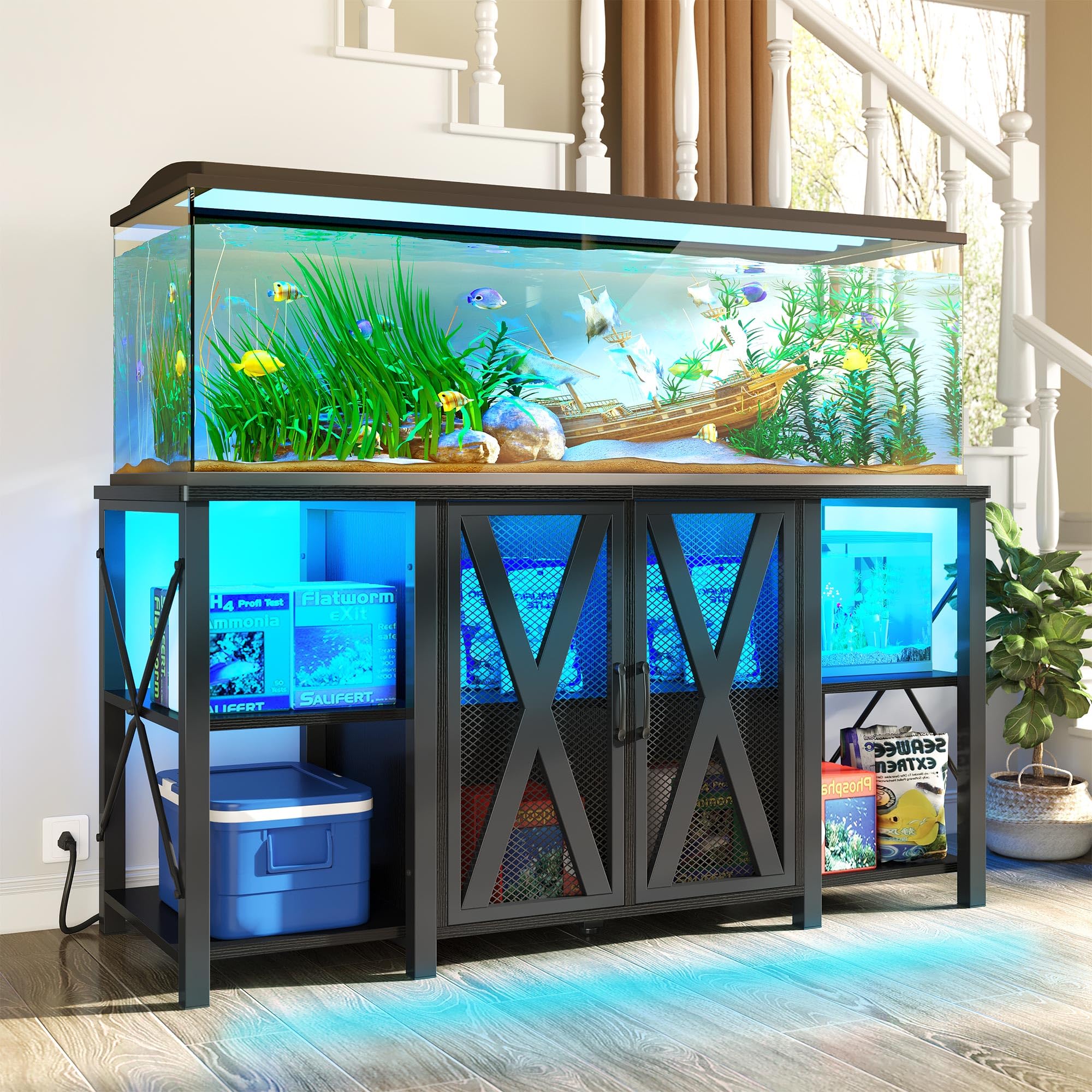 DWVO Heavy Duty 75/90/120 Gallon Reptile Tank Stand with Power Outlet & LED Light - 2000LBS Capacity Aquarium Cabinet for Turtle Tanks, Snake Terrariums, Fish Tanks - Perfect for Reptile Habitats, Home Decor & Pet Enclosures (Black)
