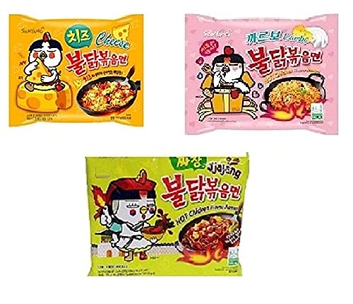 Sam Yang Korean Buldak Cheese Noodles, Buldak Carbo Noodles & Buldak Jjajang Noodles Pack of 3 (420g) - Spicy Korean Instant Ramen for Snacks, Quick Meals & Asian Food Lovers