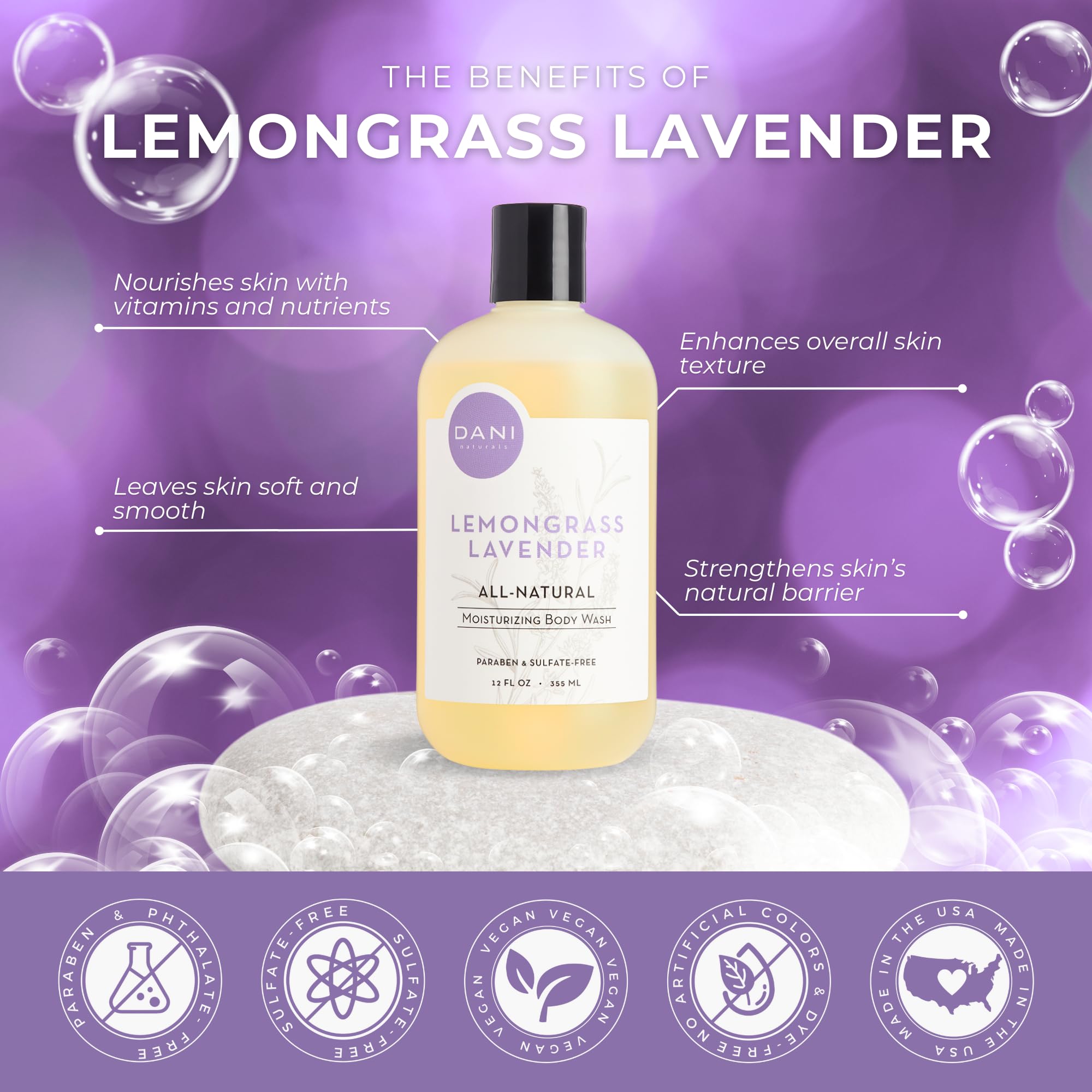 Naturals Moisturizing Body Wash - Calming Lemongrass Lavender Scent with Organic Aloe Vera & Natural Glycerin | Paraben & Sulfate Free Shower Gel | 12 Ounce Bottle | Hydrating & Relaxing for Dry Skin & Stress Relief