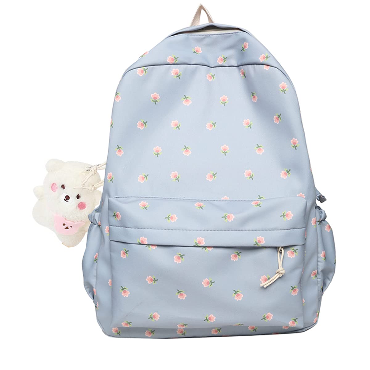 Kawaii Floral Backpack With Pendant - 16.1 Inch Aesthetic Cute Classic Casual Laptop Backpack for Women & Teens (Blue) | Perfect for School, Travel & Everyday Use