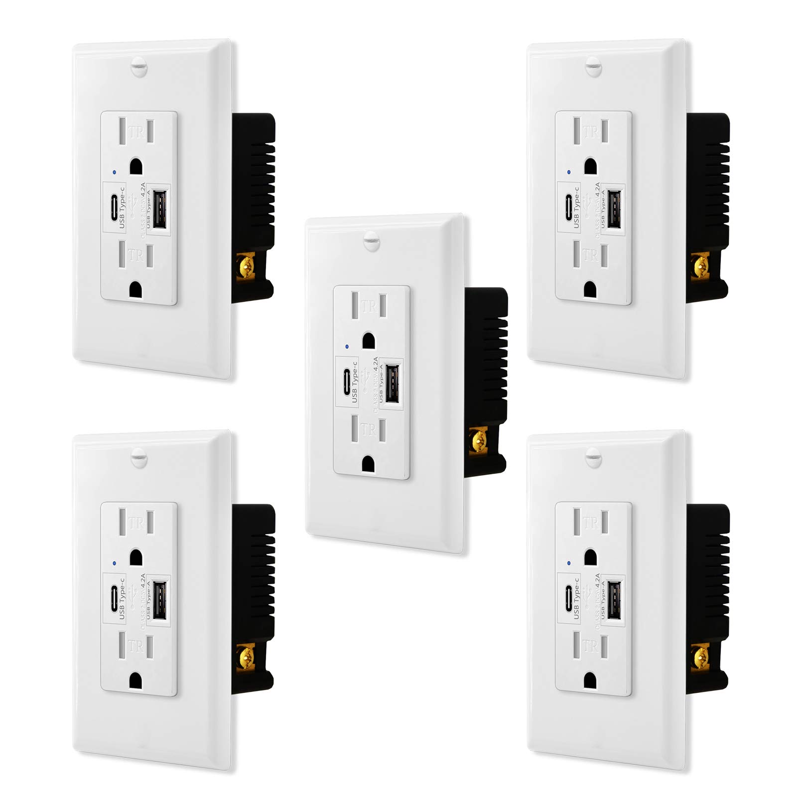 5 Pack UL Certified USB Wall Outlet - Dual Type C & Type A Ports 4.2A 5V Fast Charging, 15A Tamper Resistant Receptacle with White Wall Plate - Perfect for Home, Office & Hotel USB Charging & Data Sync - Easy Installation AC Power Socket