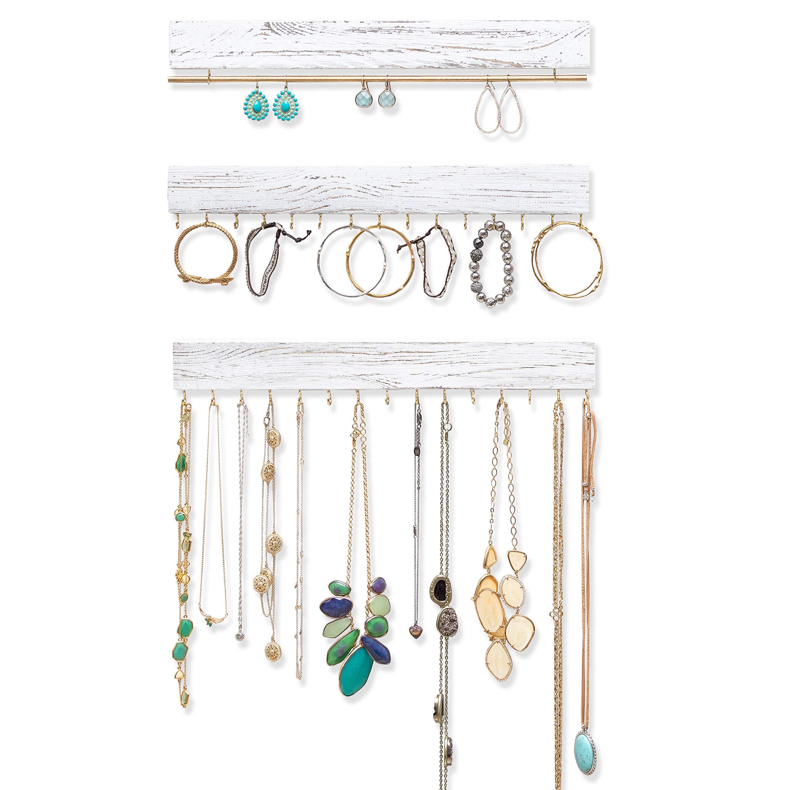 Ilyapa 3-Piece Jewelry Organizer Set - White Wood Wall Mount Necklace & Earring Hanger, Bracelet Holder - Rustic Jewelry Display for Bedroom, Bathroom & Closet Organization (Wall-Mounted)