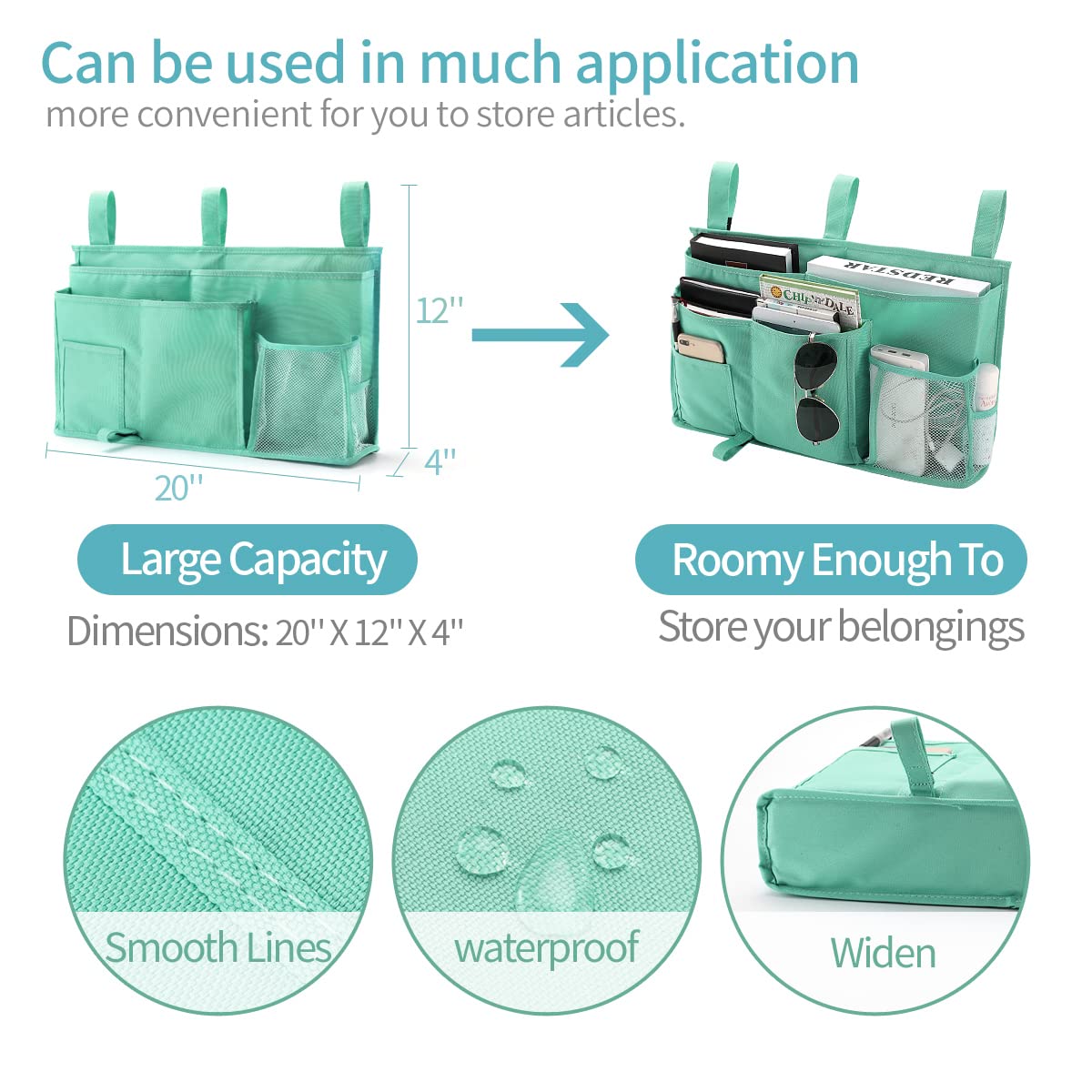 Bseash Bunk Bed Organizer - 8 Pocket Hanging Storage Bag with 600D Oxford Fabric, Perfect for Dorm Rooms, Hospital Beds & Baby Cribs (Light Green) | Space-Saving Organizer for Books, Phones & Essentials