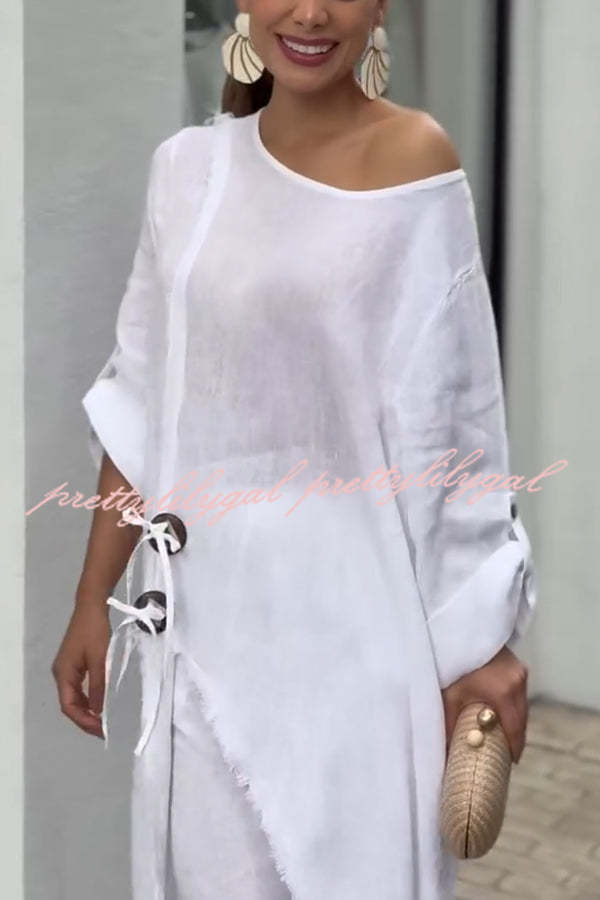 Tehla Linen Blend Ring Tie Up Detail Midi Blouse & Elastic Waist Pocketed Loose Pants Set - Women's Casual Outfit for Summer, Beach, and Office Wear