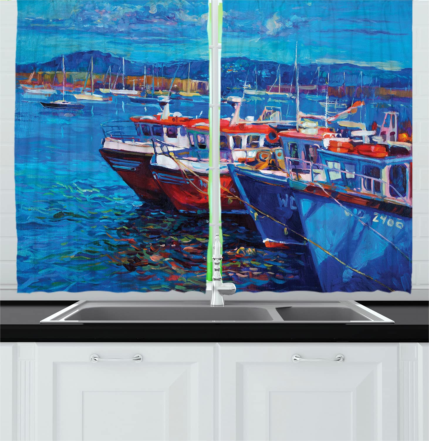 Ambesonne Country Long Kitchen Curtains - Nautical Sailboat & Harbor Coastal Theme, 2 Panel Rod Pocket Drapes for Living Room & Bedroom Decor, 55x45 Inches, Navy Red - Perfect for Beach House & Cottage Style Homes