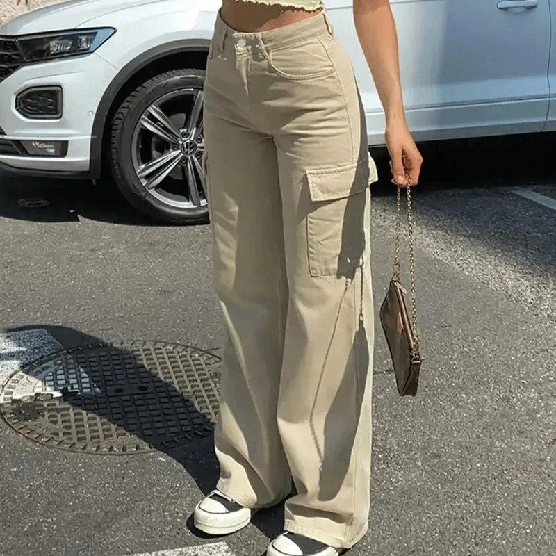 Women's Cargo Pants High Waist Straight Fit Baggy Wide Leg Trousers with Y2K Pockets - Retro Streetwear Casual Pants for Everyday Wear, Outdoor Activities & Urban Fashion