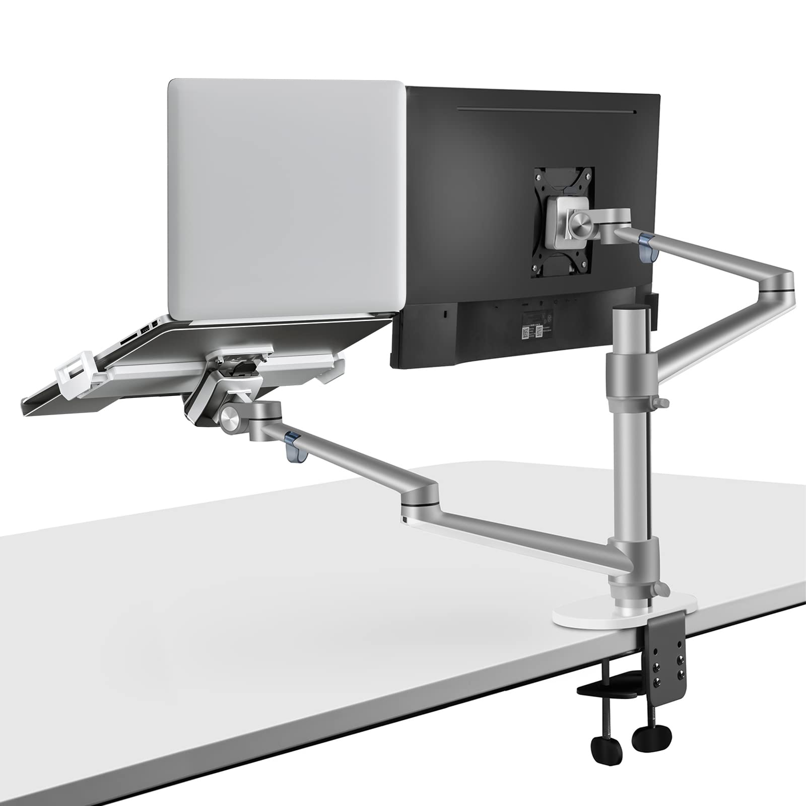 Viozon Adjustable Dual Monitor and Laptop Mount Stand - 2-in-1 Ergonomic Desk Clamp for 17-32 Inch LCD Screens & 12-17 Inch Laptops (Silver) - Perfect for Home Office, Gaming Setup, and Workspace Organization