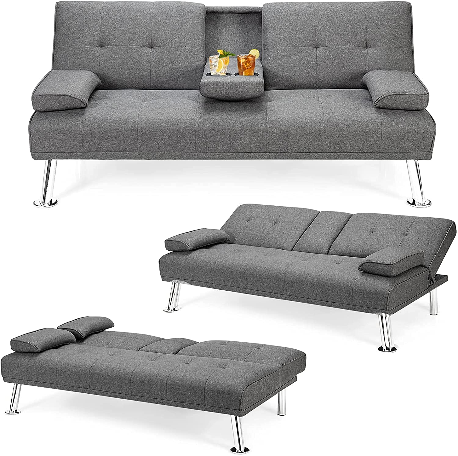Moccha Folding Futon Sofa Bed - Convertible Couch with Metal Legs & Linen Upholstery, Full Size Sleeper Sofa for Small Spaces, Apartments, Dorms, Guest Rooms - Light Grey | Space-Saving Multi-Functional Furniture for Living Room, Bedroom or Office