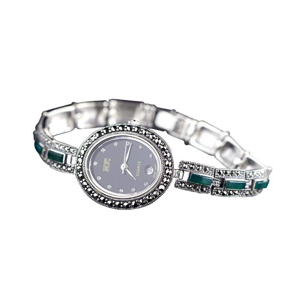 JadeAngel 925 Sterling Silver Vintage Watch with Pave Synthetic Green Onyx & Marcasite - Elegant Women's Jewelry Watch for Daily Wear, Office & Special Occasions