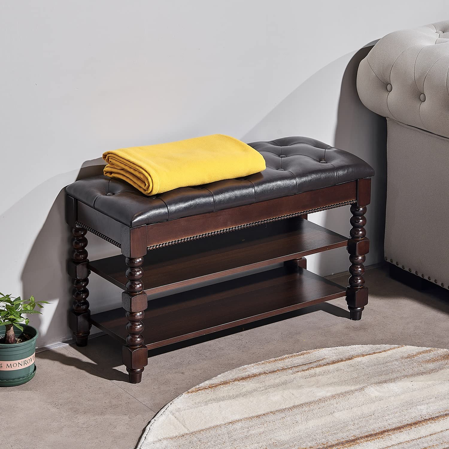 2-Tier Shoe Storage Bench with Lift-Top Organizer & Leather Seat - 39.4