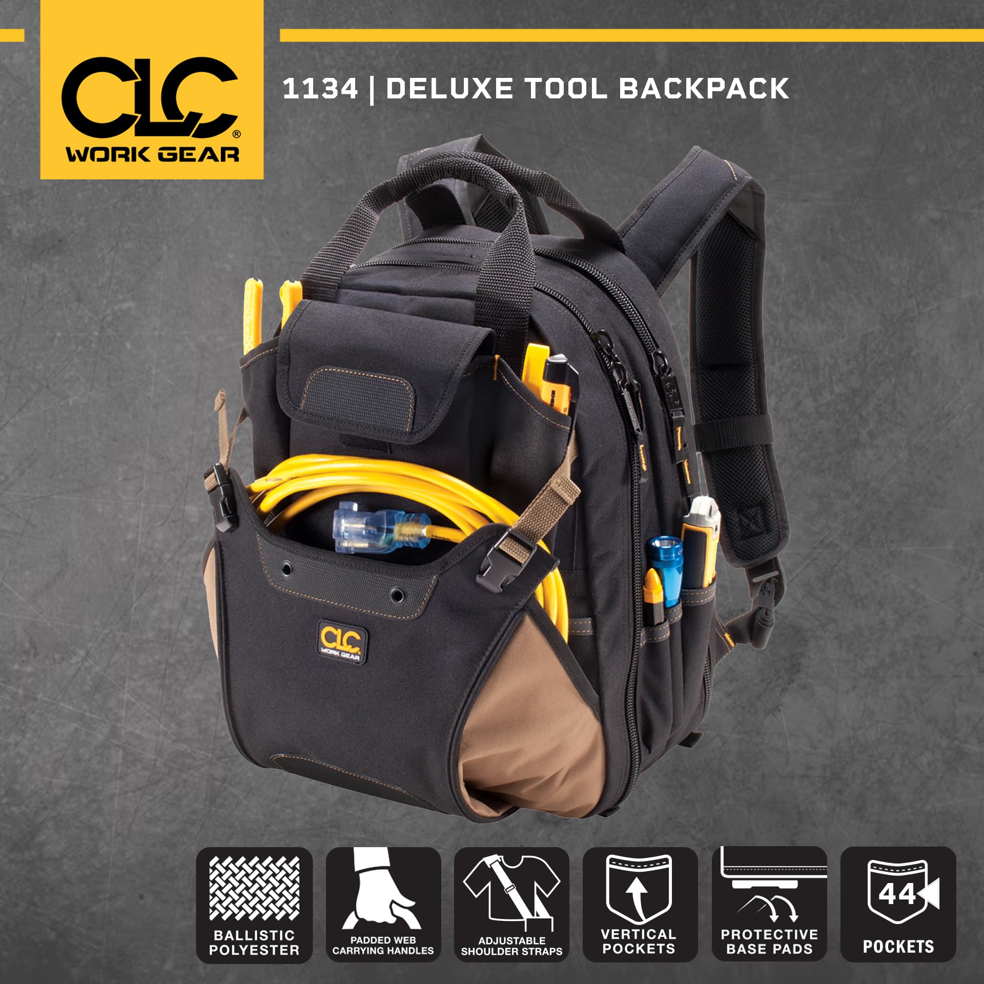CLC Work Gear 1134 Carpenter's Tool Backpack - 44 Pockets Heavy Duty Tool Organizer with Padded Back Support for Comfort (Black) - Perfect for Construction Workers, Electricians & DIY Home Improvement Projects