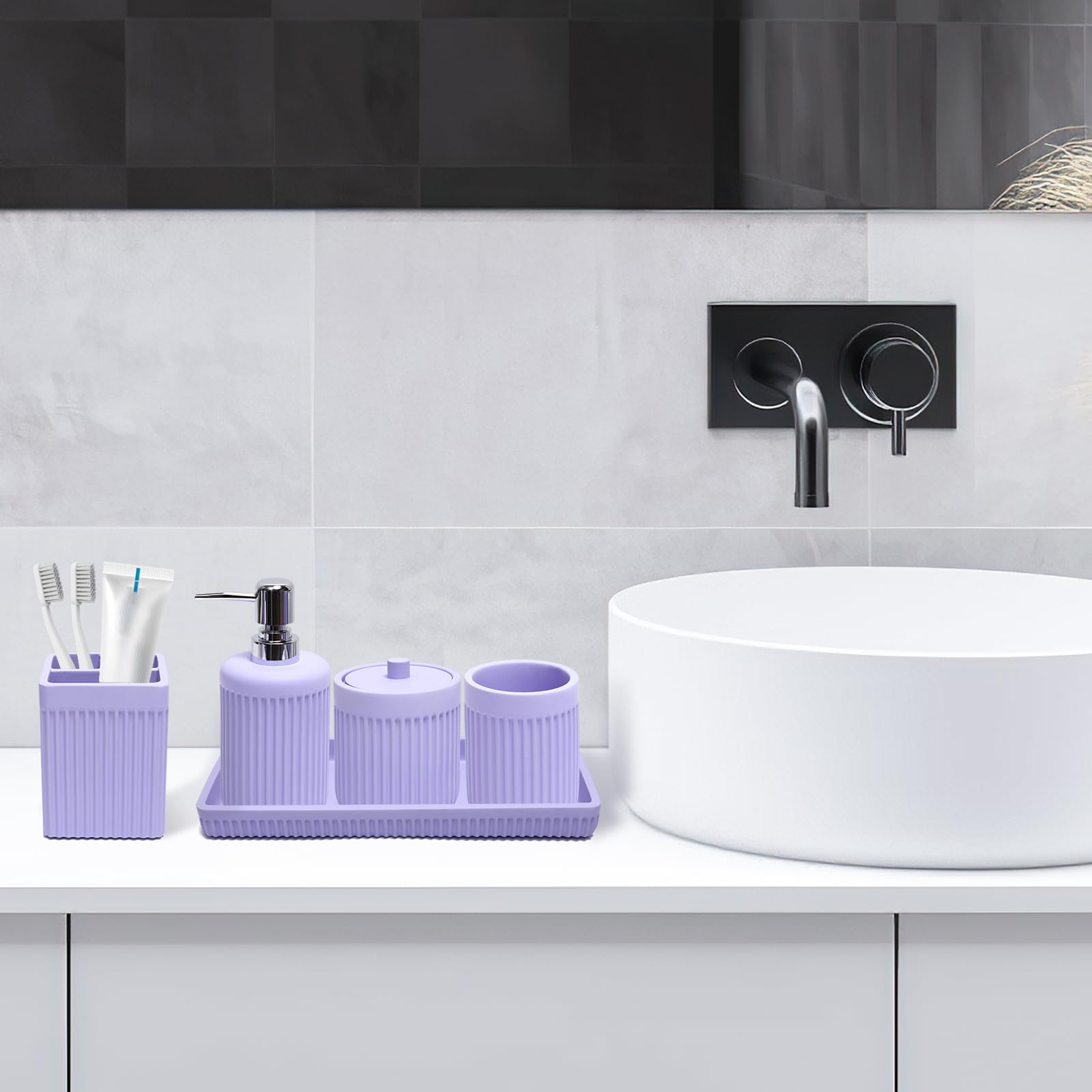 Light Purple Resin Bathroom Accessories Set - 5 Piece Soap Dispenser, Toothbrush Holder, Tumbler, Q-Tip Holder & Vanity Tray | Countertop Organizer for Home, Apartment & Dorm | Perfect for Modern Bathroom Decor & Organization