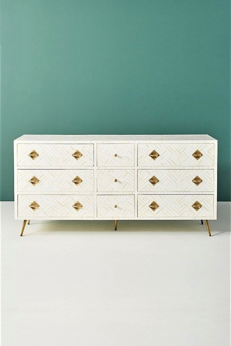 Handmade White Bone Inlay 9-Drawer Dresser - Vintage Boho Bedroom Furniture for Storage & Organization | Perfect for Bedroom, Living Room, or Entryway Decor