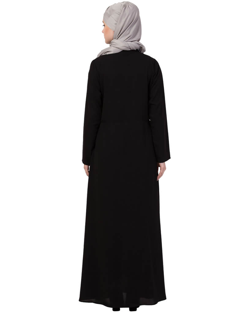 Elegant Black Arabic Front Gathered Pocket Casual Abaya Dress for Women - Perfect for Daily Wear, Prayer, and Special Occasions