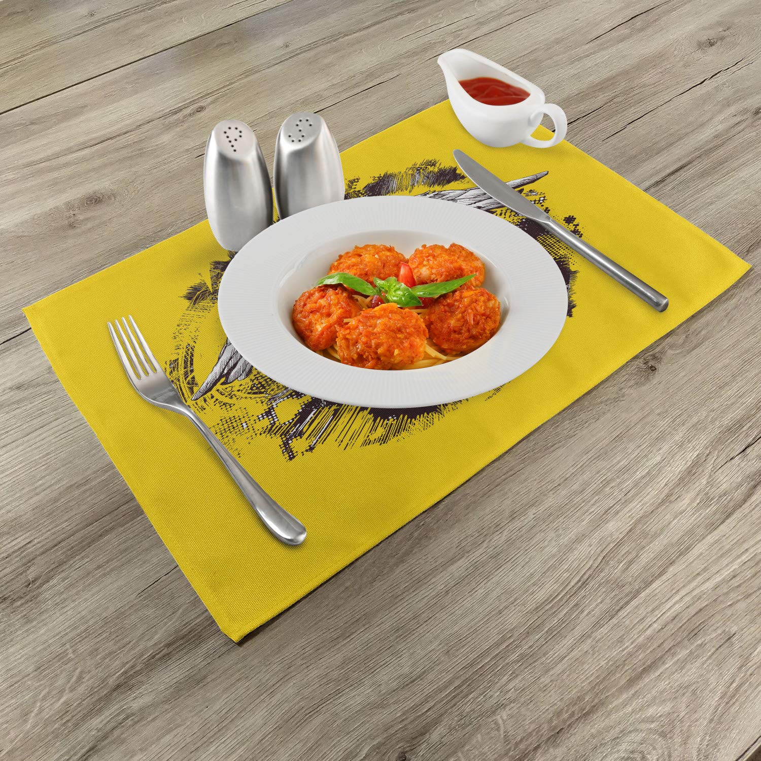 Ambesonne 4-Piece Tattoo-Themed Placemats Set - Gothic Skull with Crown & Feather Wings Design - Washable Fabric Table Mats for Dining Room & Kitchen Decor (Yellow, Black, White) - Perfect for Halloween Parties, Gothic Home Decor & Unique Gift Ideas