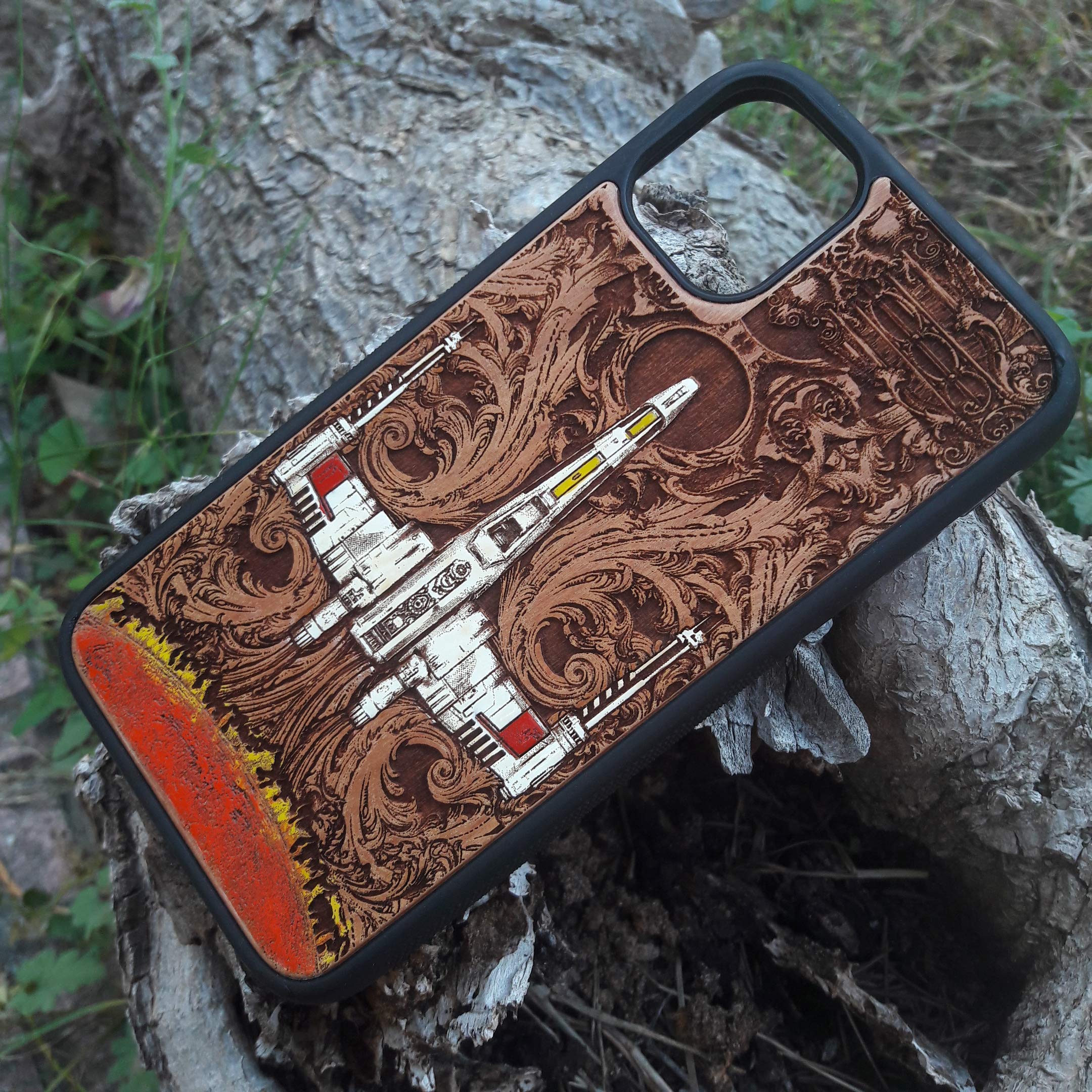 Sci-Fi Spaceship Laser Engraved Wood Phone Case for iPhone 16/15/14/13/12/11 Pro Max Mini & Galaxy S25/S24/S23/S22/S21/S20 Ultra Plus - Eco-Friendly Slim Durable Wooden Cover - Perfect for Space Enthusiasts & Tech Lovers
