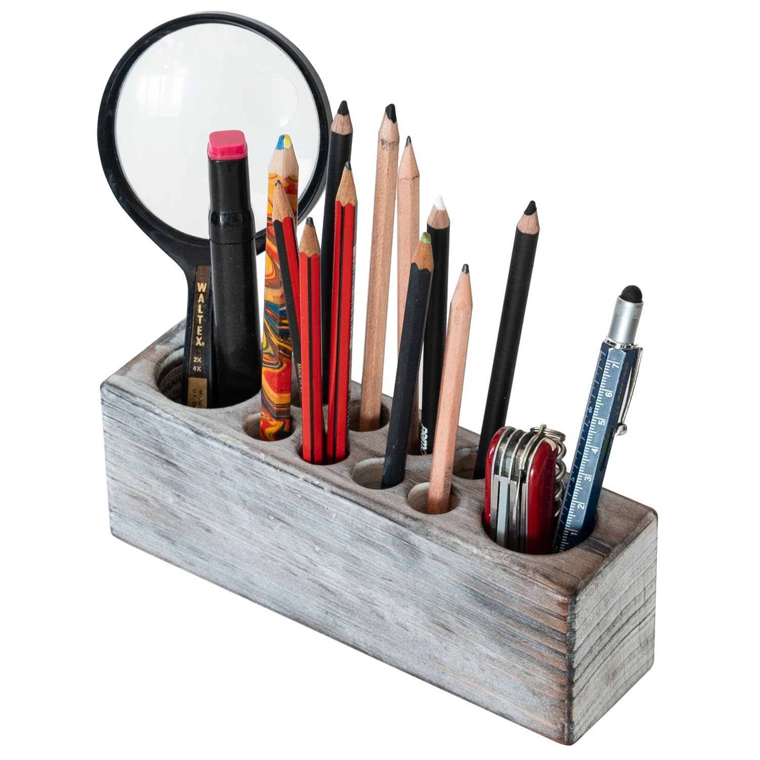 Rustic Whitewashed Wooden Pen Holder - Grey Solid Wood Desk Organizer for Office & Home | Perfect for Paint Brushes, Markers, and Art Supplies Storage | Ideal for Artists, Students, and Workspaces
