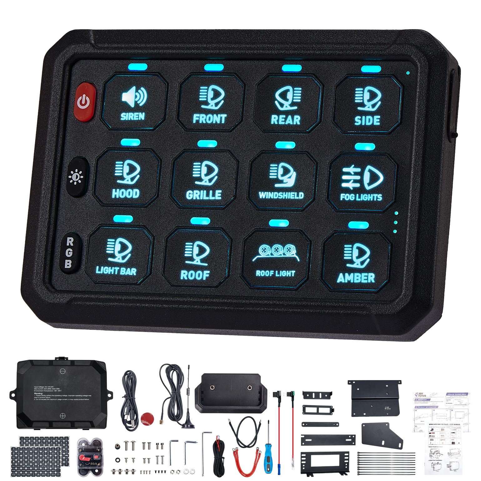 JOYTUTUS Wireless RGB 12 Gang Switch Panel - 5-Level Brightness & 8 Color Options - Universal Relay Control System for Offroad Lights - Waterproof Switch Panel for Trucks, Boats, UTVs, SUVs & Pickups - Perfect for Offroading, Marine & Vehicle Customization