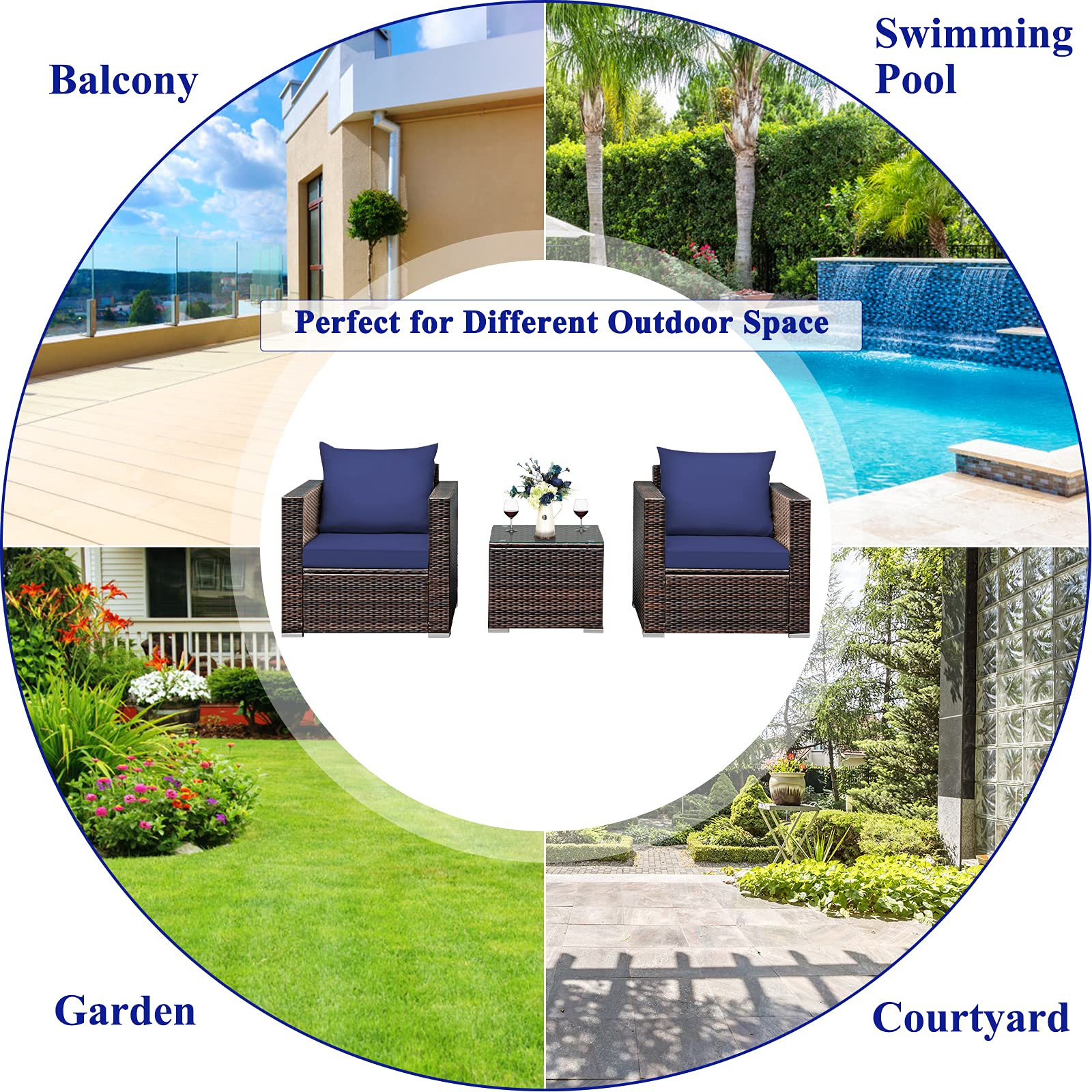 Tangkula 3-Piece Outdoor Patio Furniture Set - PE Rattan Wicker Sofa with Washable Cushions & Tempered Glass Table - Garden, Poolside, Balcony Conversation Set for Relaxing & Entertaining