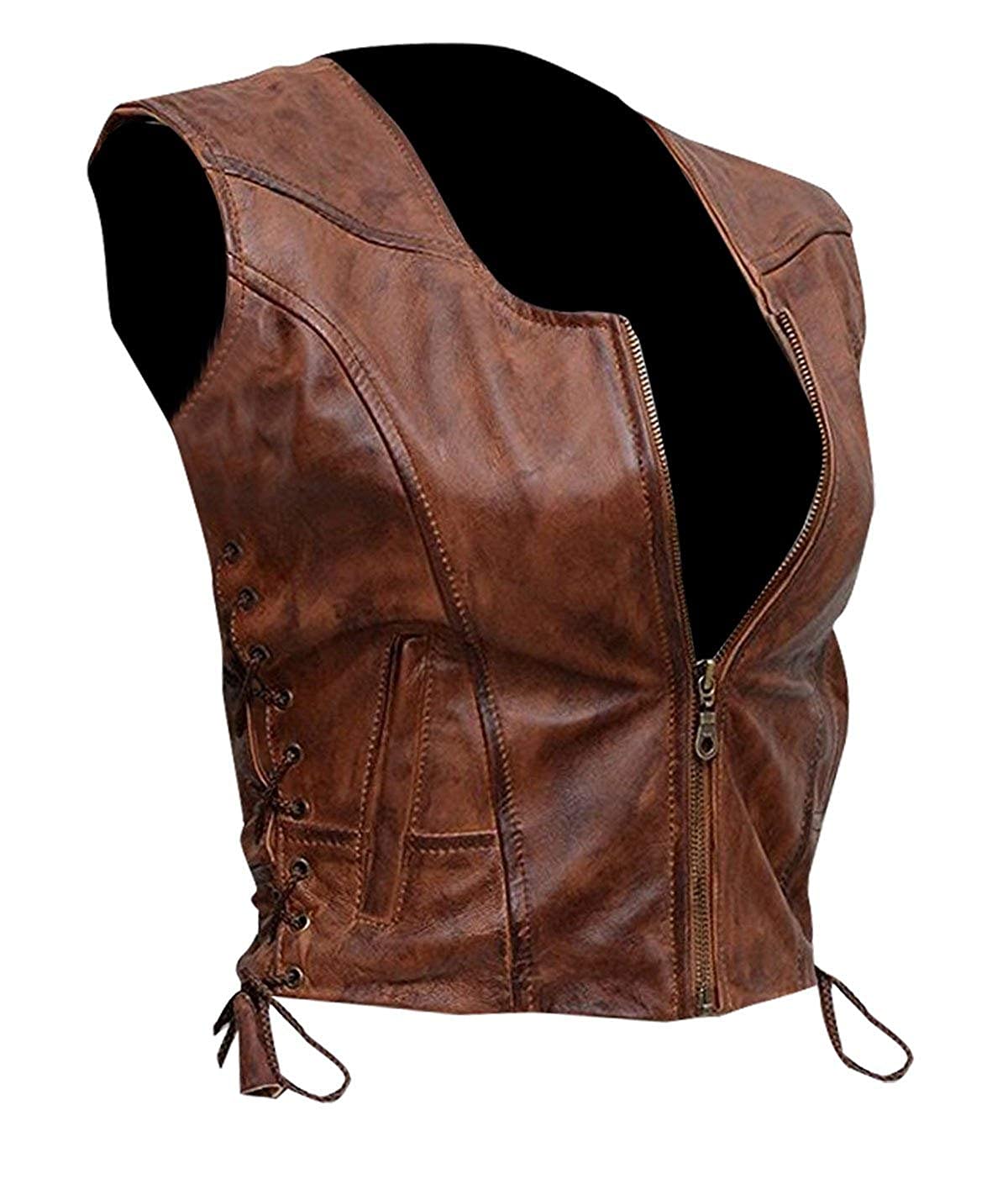 Women's Michonne Walking Dead Brown Leather Vest - Danai Gurira Cosplay Costume & Motorcycle Jacket (Real/Faux Leather) - Perfect for Halloween, Comic Con & Biker Fashion