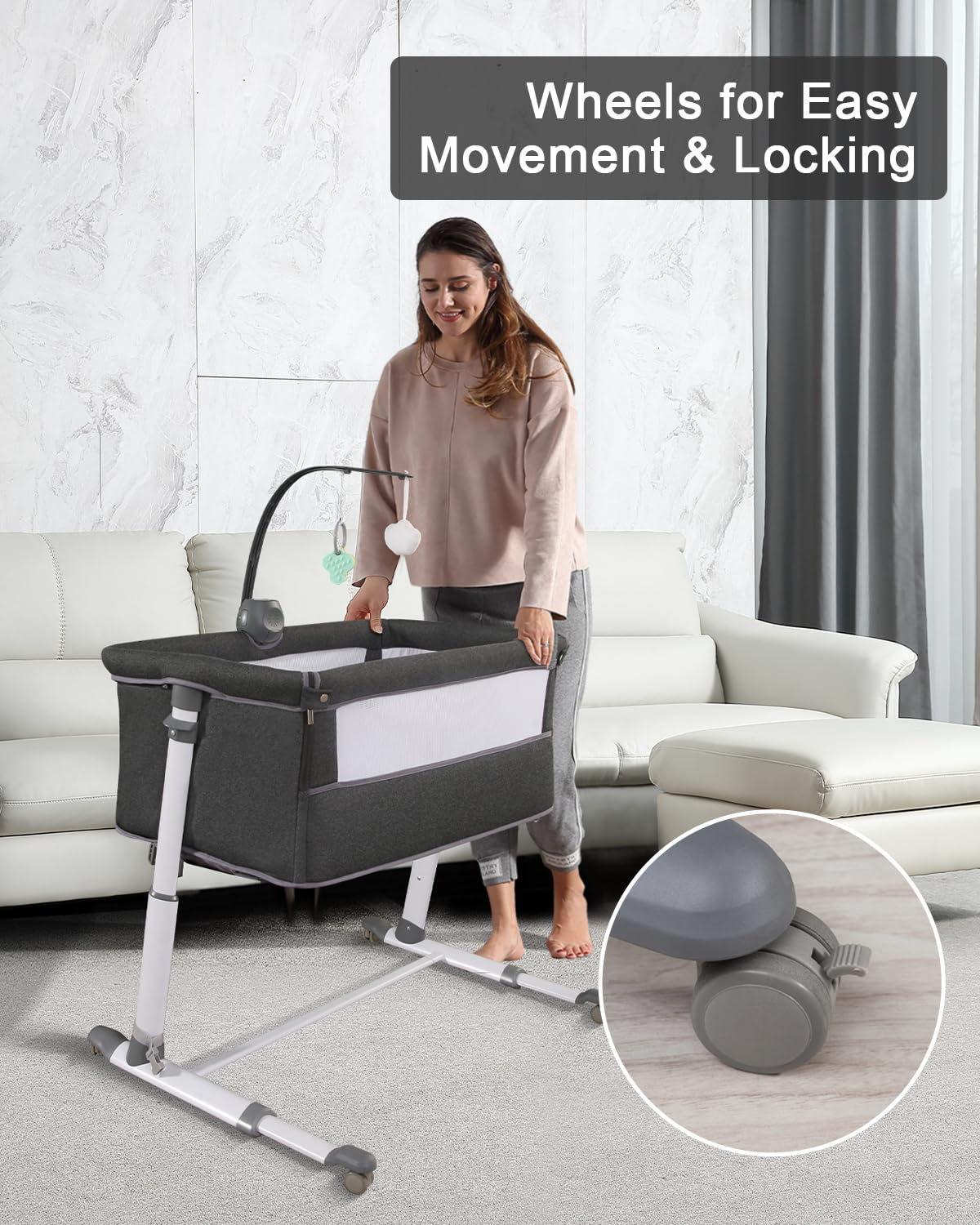 **Yacul Baby Bassinet with Wheels & Music Box - Adjustable Height, Breathable Mesh, Portable Bedside Crib Sleeper for Newborns - Dark Gray - Perfect for Nursery, Bedroom & Travel**