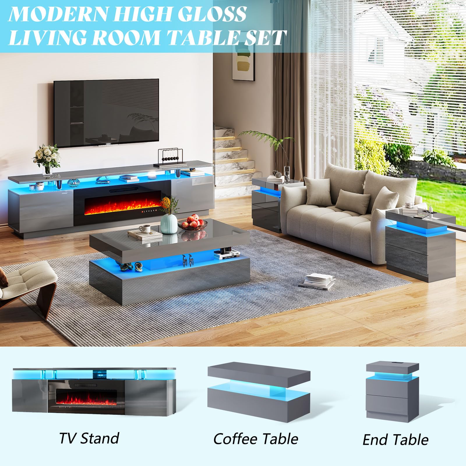 AMERLIFE 3-Piece Modern LED Coffee Table Set - High Gloss Living Room Tables with 2-Tier Center Table & 2 Side Tables, Nightstand with USB Charging Station, Gray - Perfect for Living Room, Bedroom & Small Space Decor