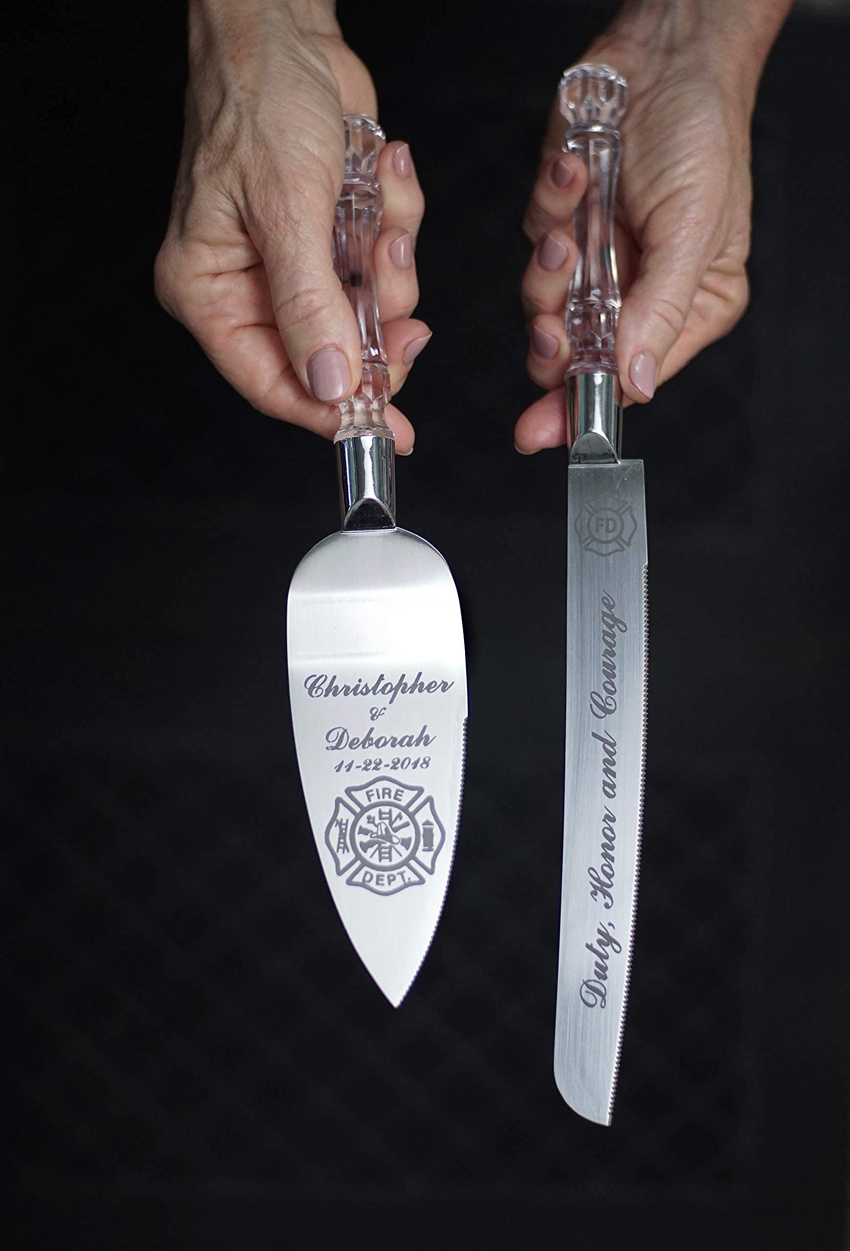 Personalized Firefighter Maltese Cross Wedding Flute Glasses & Cake Knife Set - Custom Engraved with Names & Date - Perfect for Firefighter-Themed Weddings, Anniversaries, and Retirement Celebrations