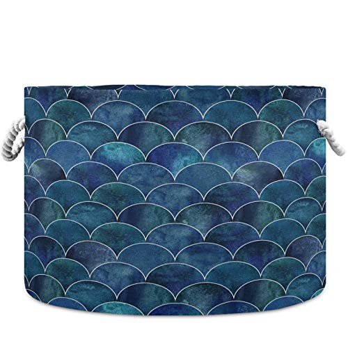 Mermaid Fish Scale Wave Deep Blue Collapsible Storage Basket with Handles - 20