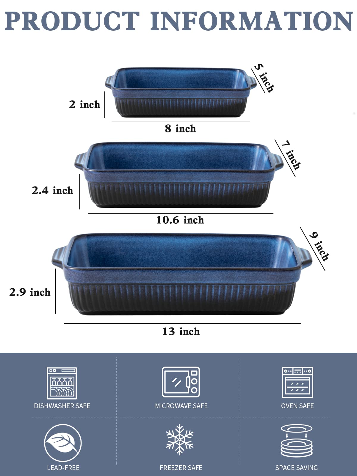 Kanwone 9 x 13 Inch Ceramic Baking Dish Set - Rectangular Lasagna Pan, Casserole Dish, Oven Safe Bakeware for Cooking, Baking, and Serving (Stripe Series, Bright Blue Reactive Glaze) | Perfect for Family Dinners, Holiday Meals, and Potluck Parties