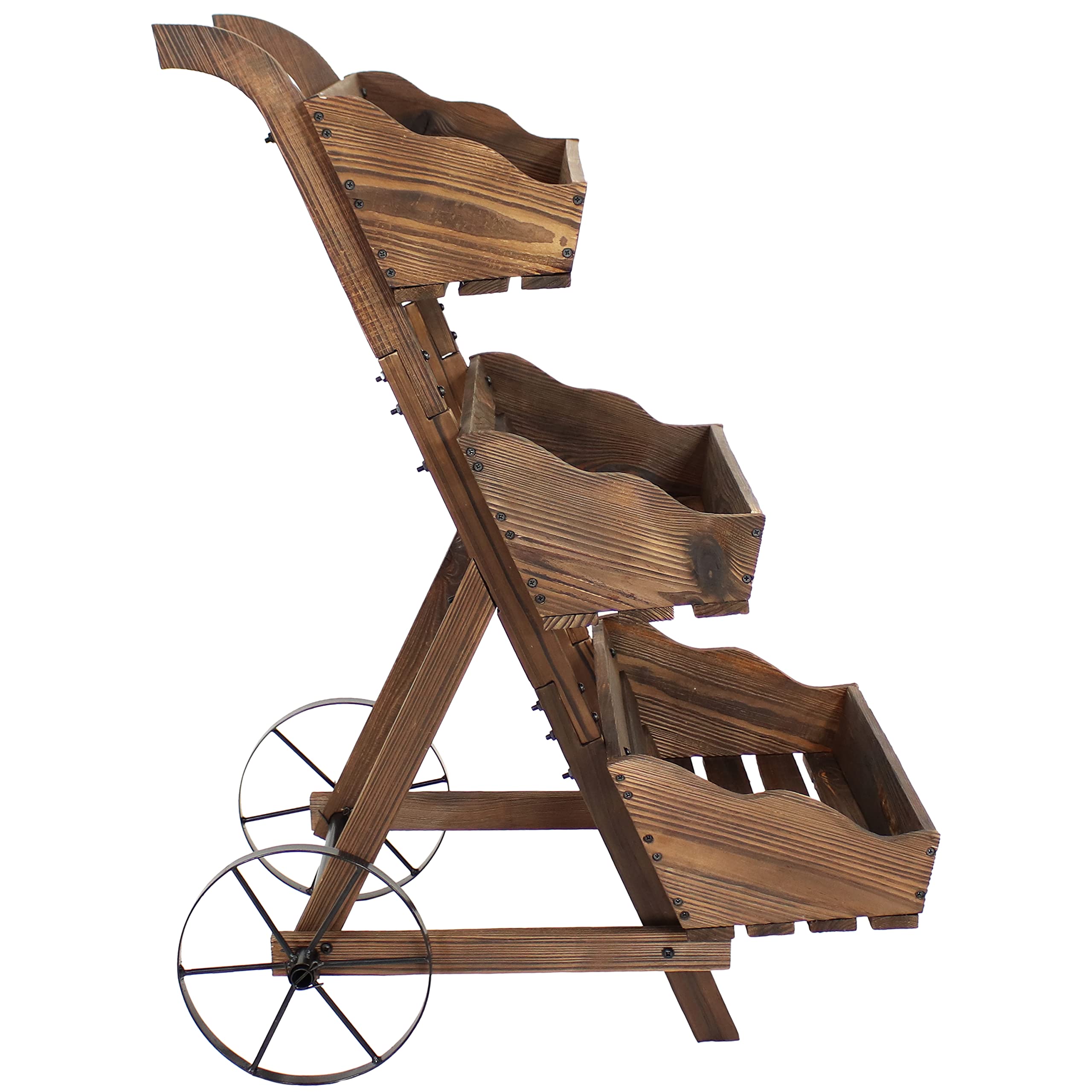 3-Tier Wooden Plant Stand with Iron Wheels - Mobile Rolling Garden Cart for Indoor/Outdoor Plants - 39.25 Inch Height Brown Finish - Perfect for Patio, Balcony & Home Decor