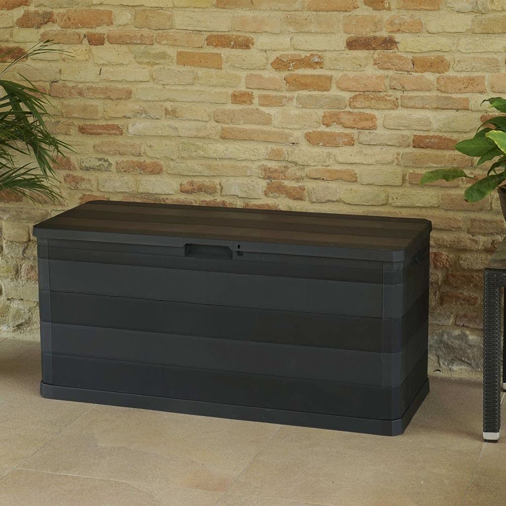 74 Gallon Weatherproof Deck Storage Box with Lockable Lid - Outdoor & Indoor Garden Organizer for Patio Furniture, Pool Toys & Yard Tools - Black (46.1