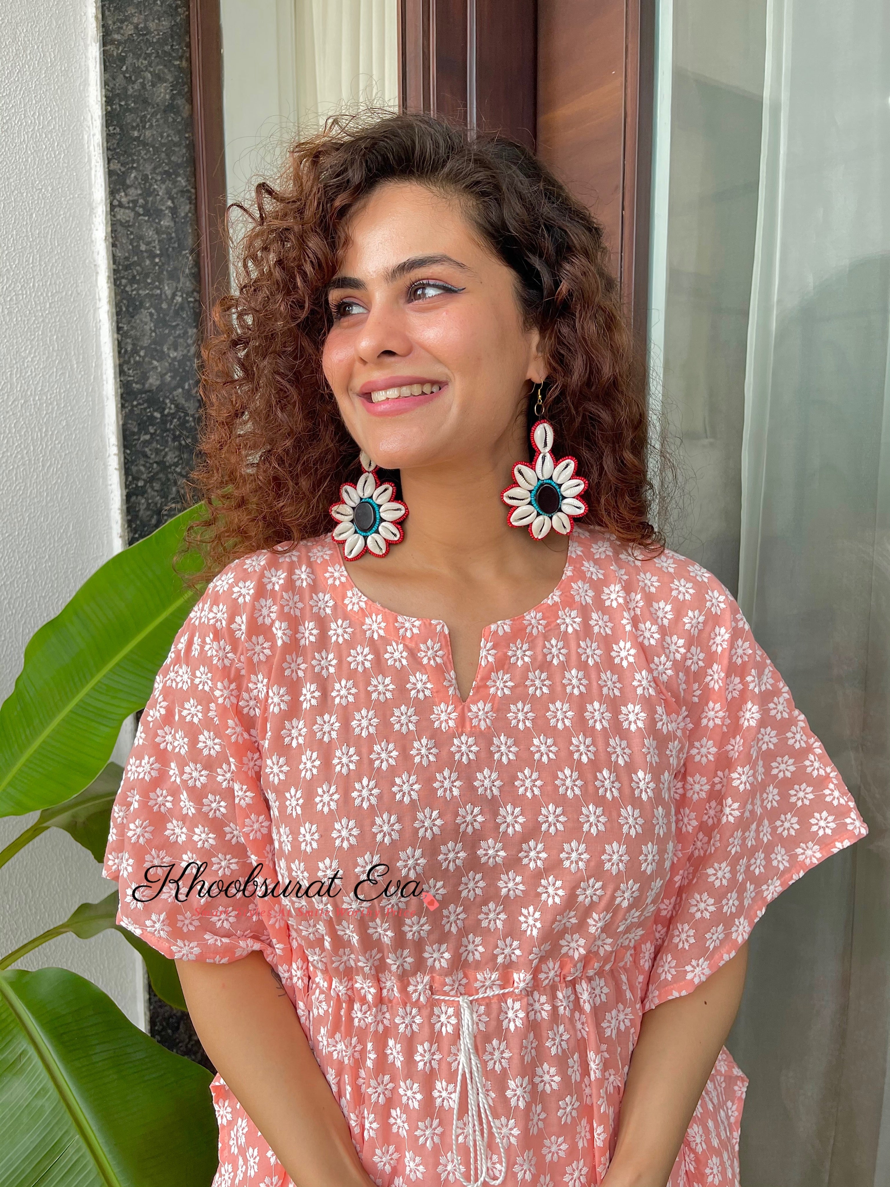 Elegant Peach Embroidered Kaftan and Pants Set - Boho Chic Loungewear for Women - Perfect for Beach Cover-ups, Summer Vacations & Relaxing at Home