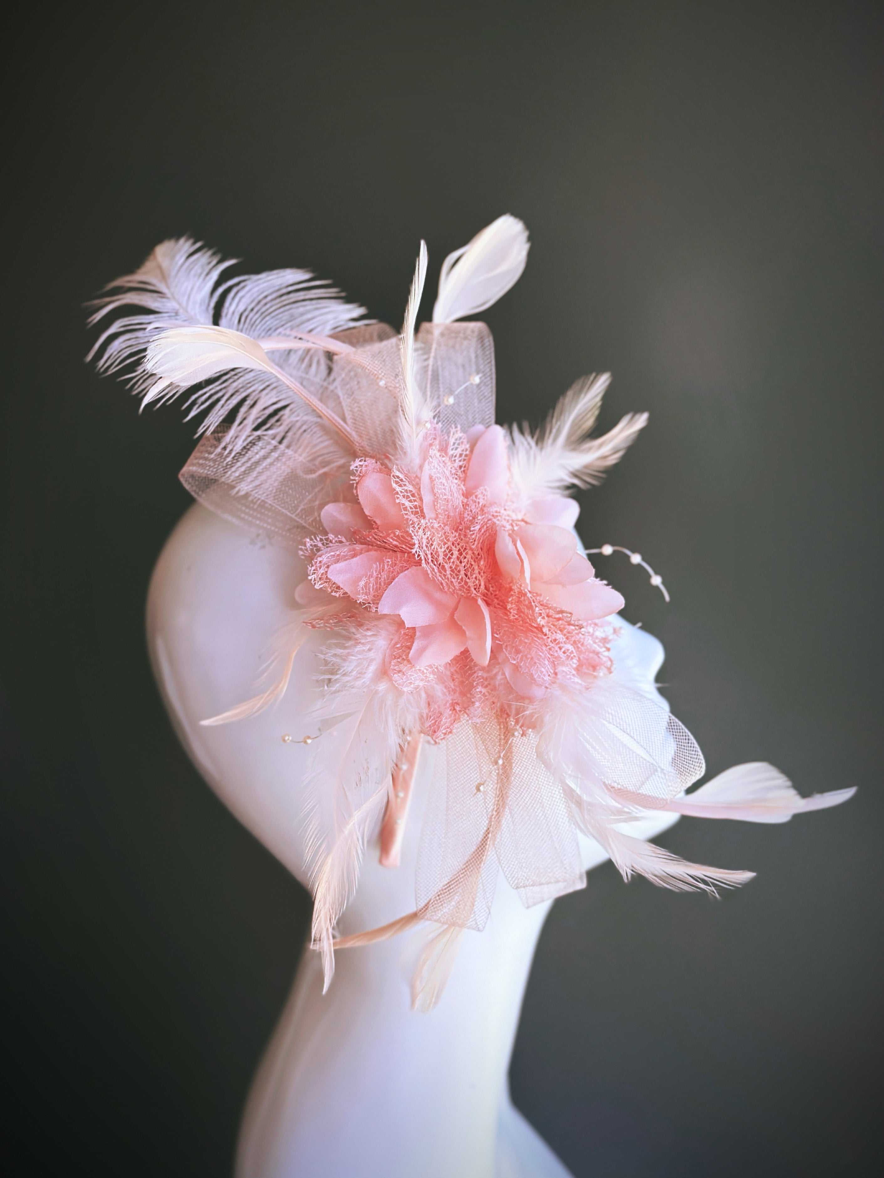 Elegant Peach Feather Tulle Hairpiece for Weddings & Special Occasions - Boho Bridal Hair Accessory